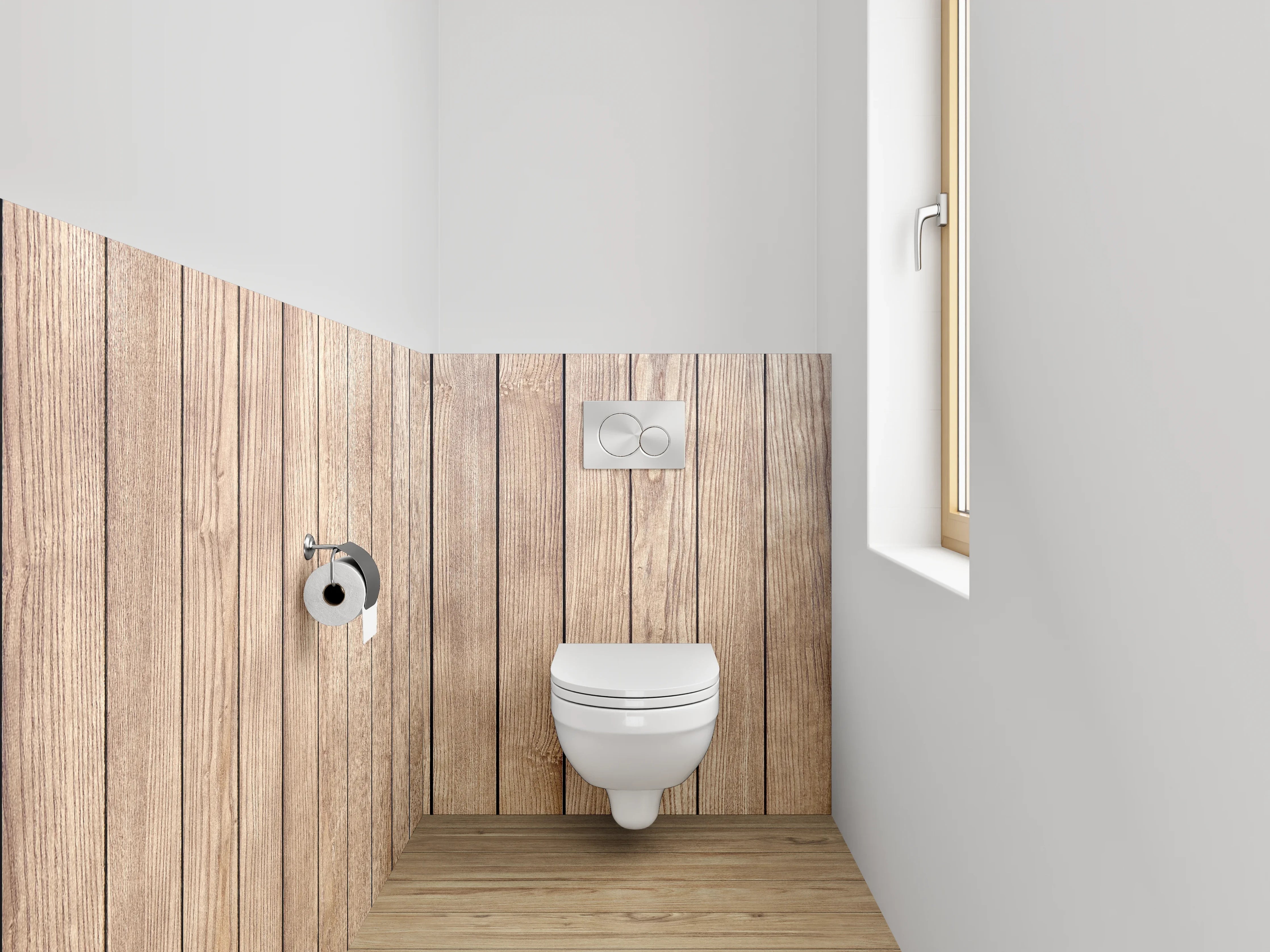 WC-Rückwand - Holzoptik auf Bodenfliesen