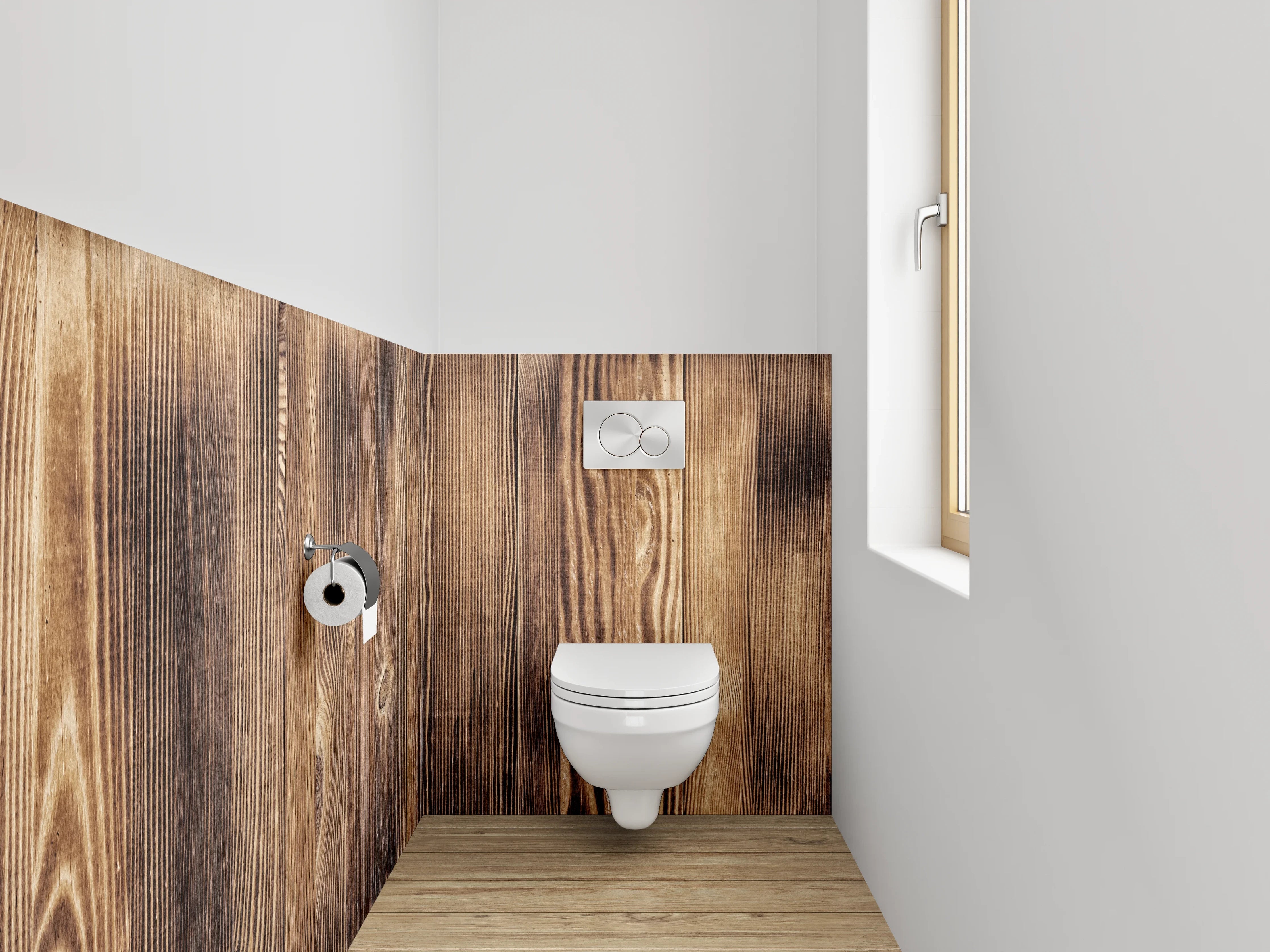 WC-Rückwand - Holzoptik in warmen Brauntönen