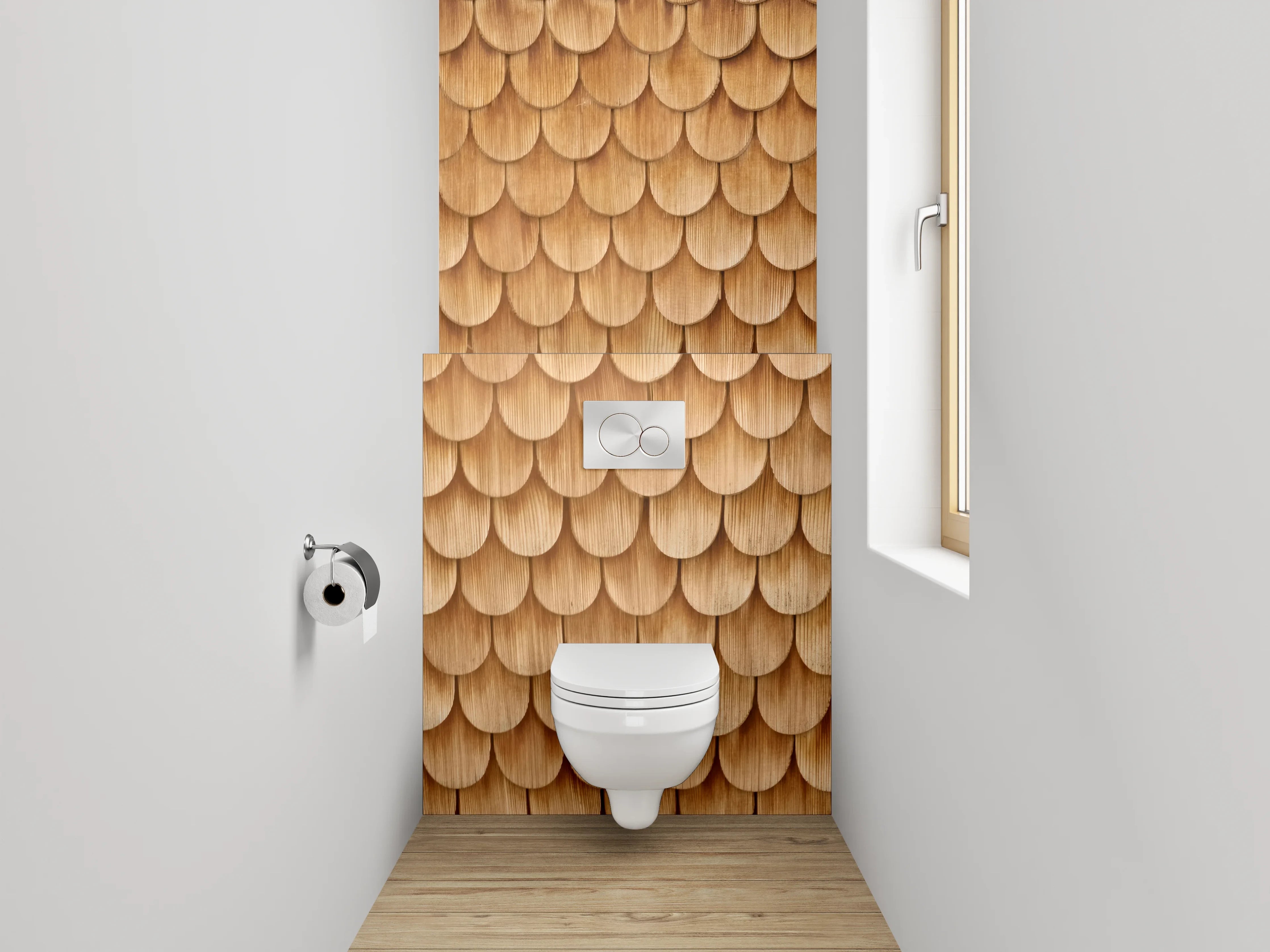 WC-Rückwand - Holzschindel-Muster in warmem Braun