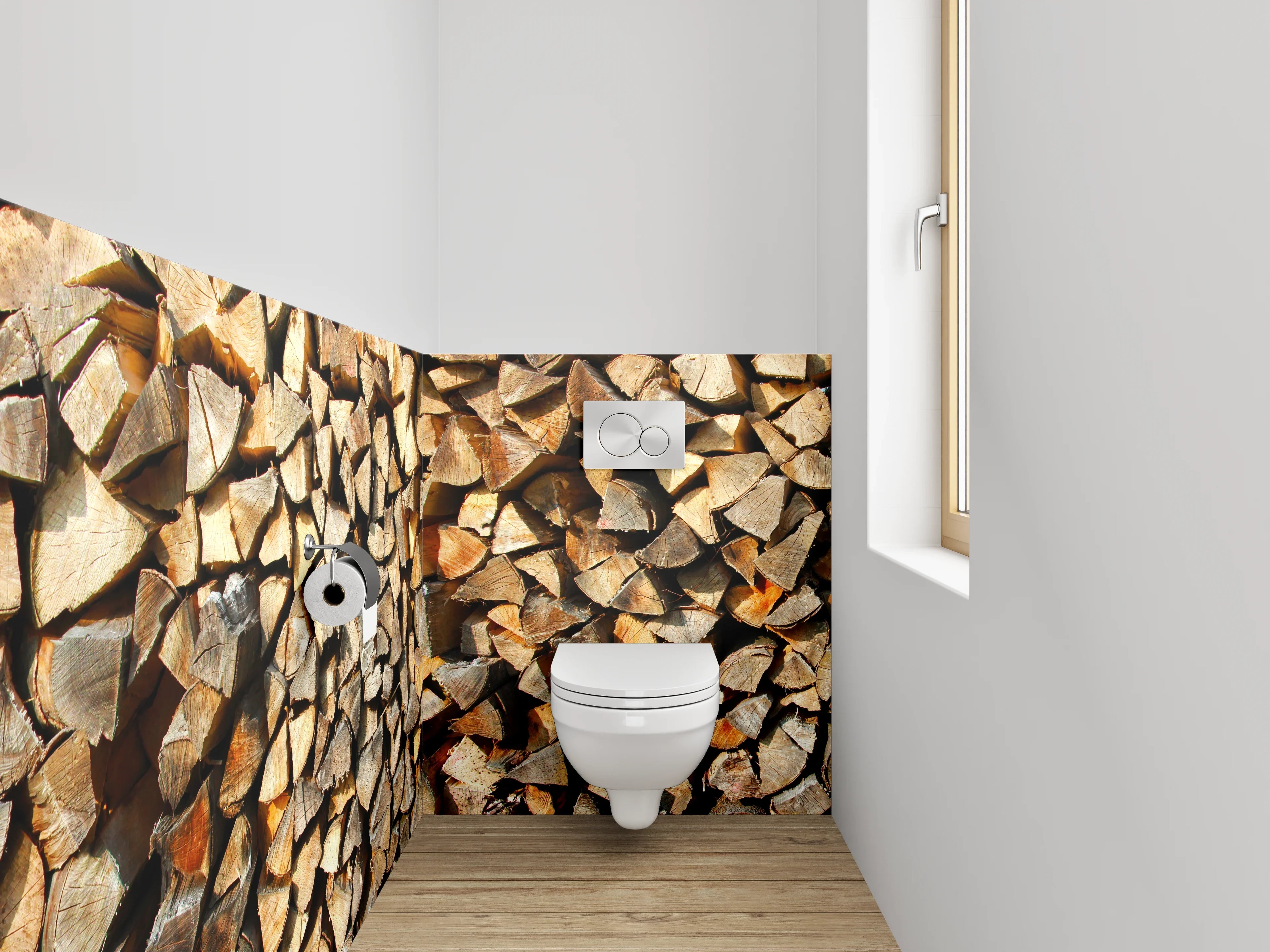 WC-Rückwand - Holzstapel in warmen Brauntönen
