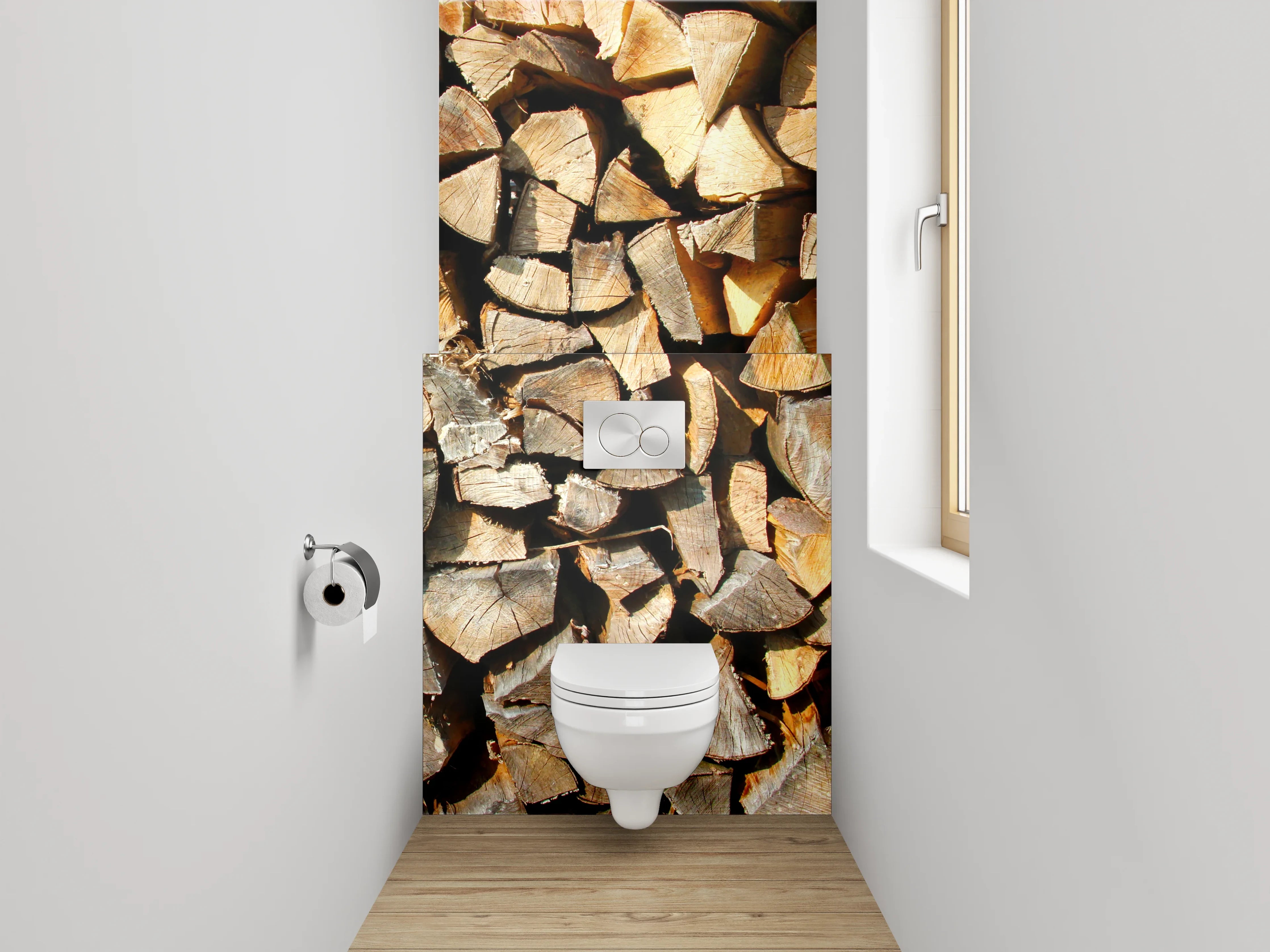 WC-Rückwand - Holzstapel in warmen Brauntönen