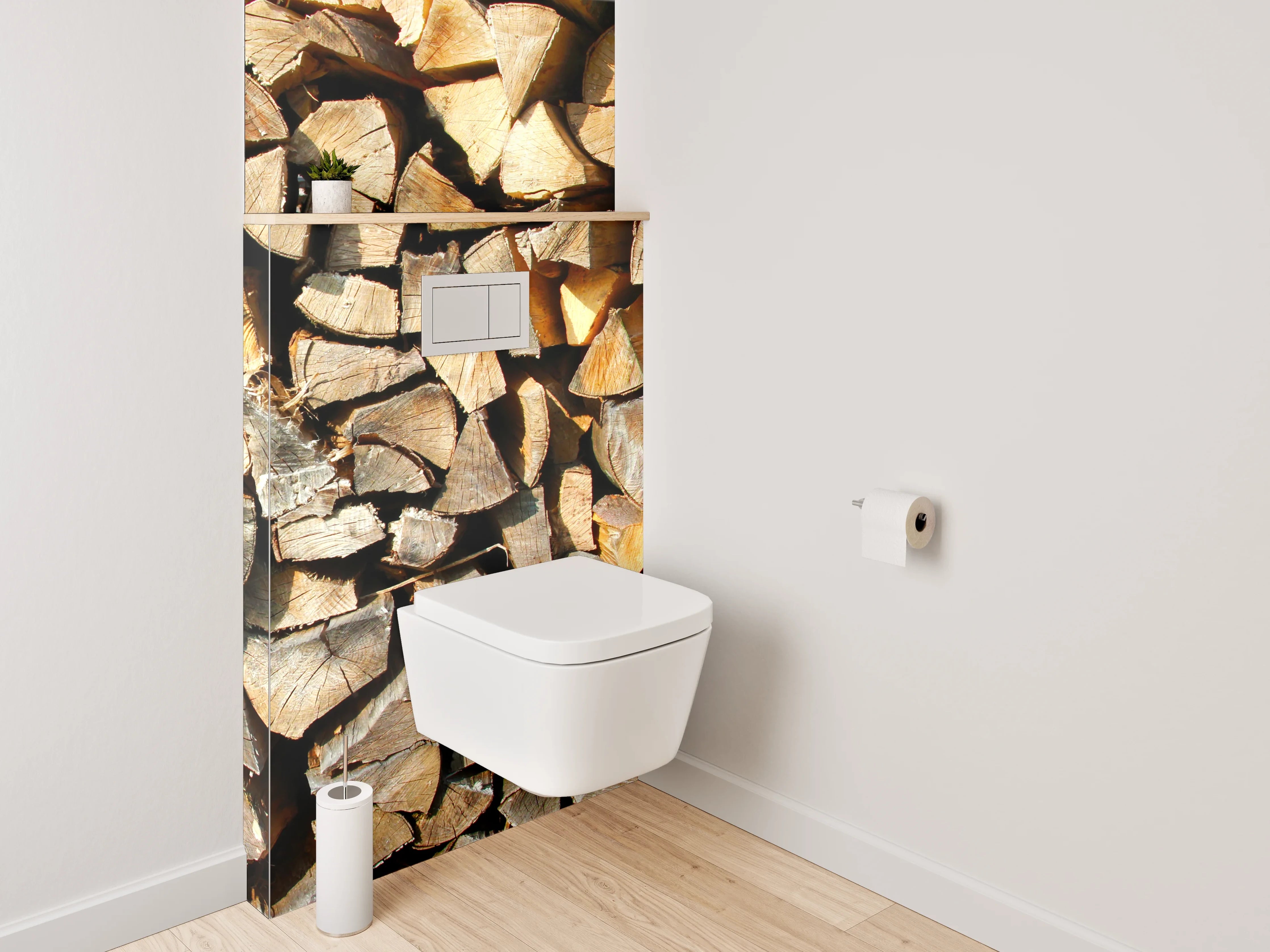 WC-Rückwand - Holzstapel in warmen Brauntönen