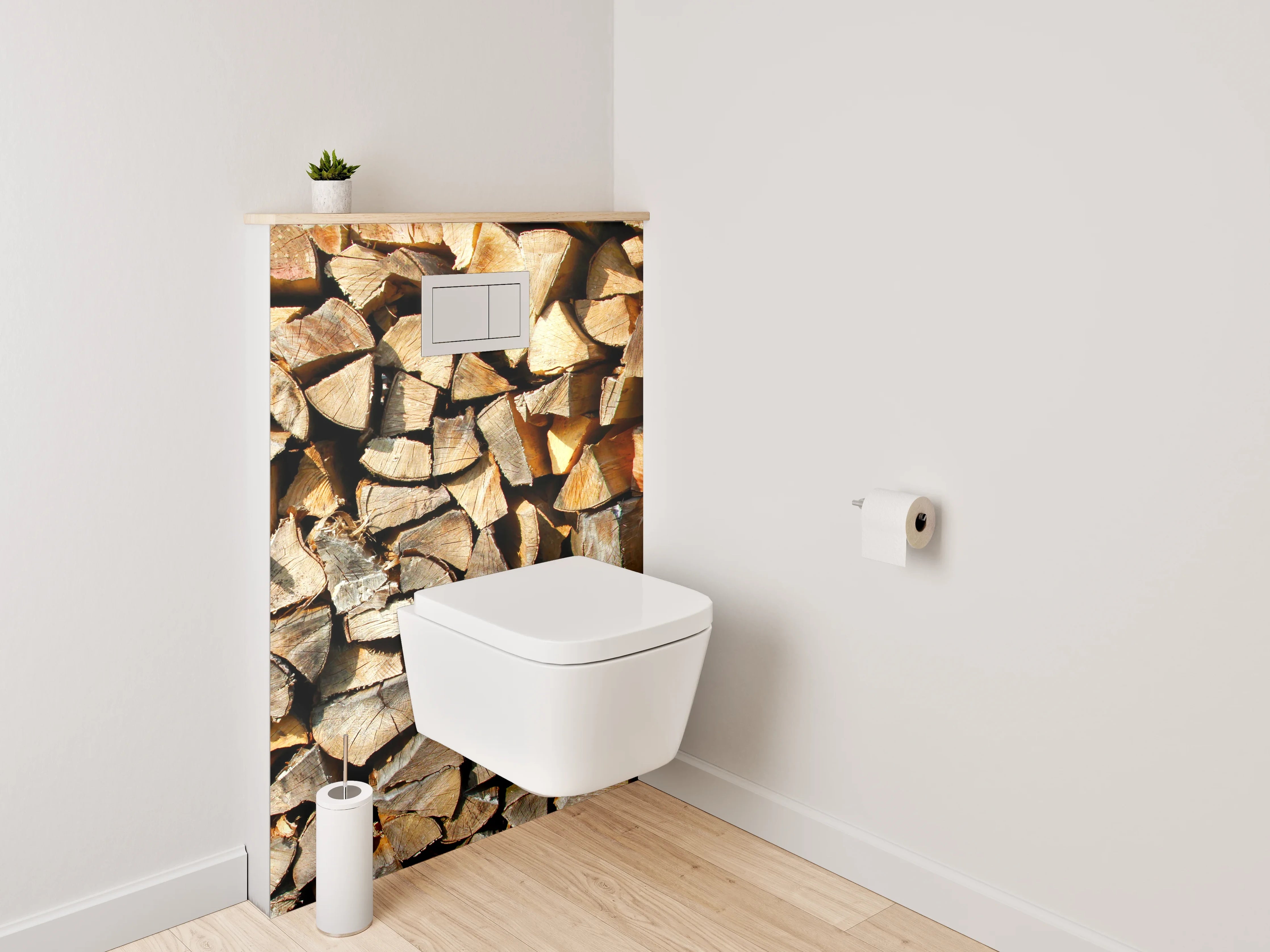 WC-Rückwand - Holzstapel in warmen Brauntönen
