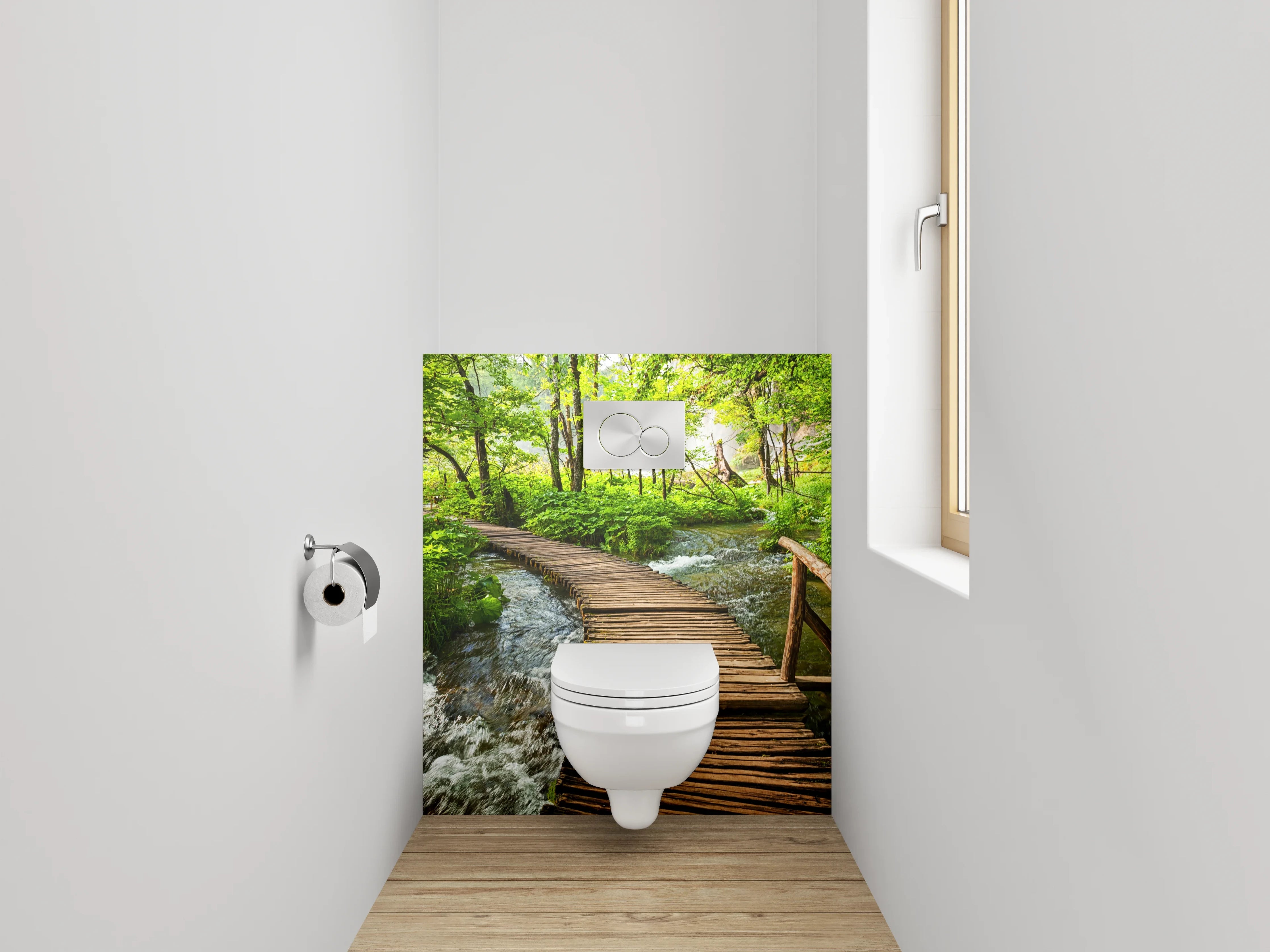 WC-Rückwand - Holzsteg im grünen Wald am Bach
