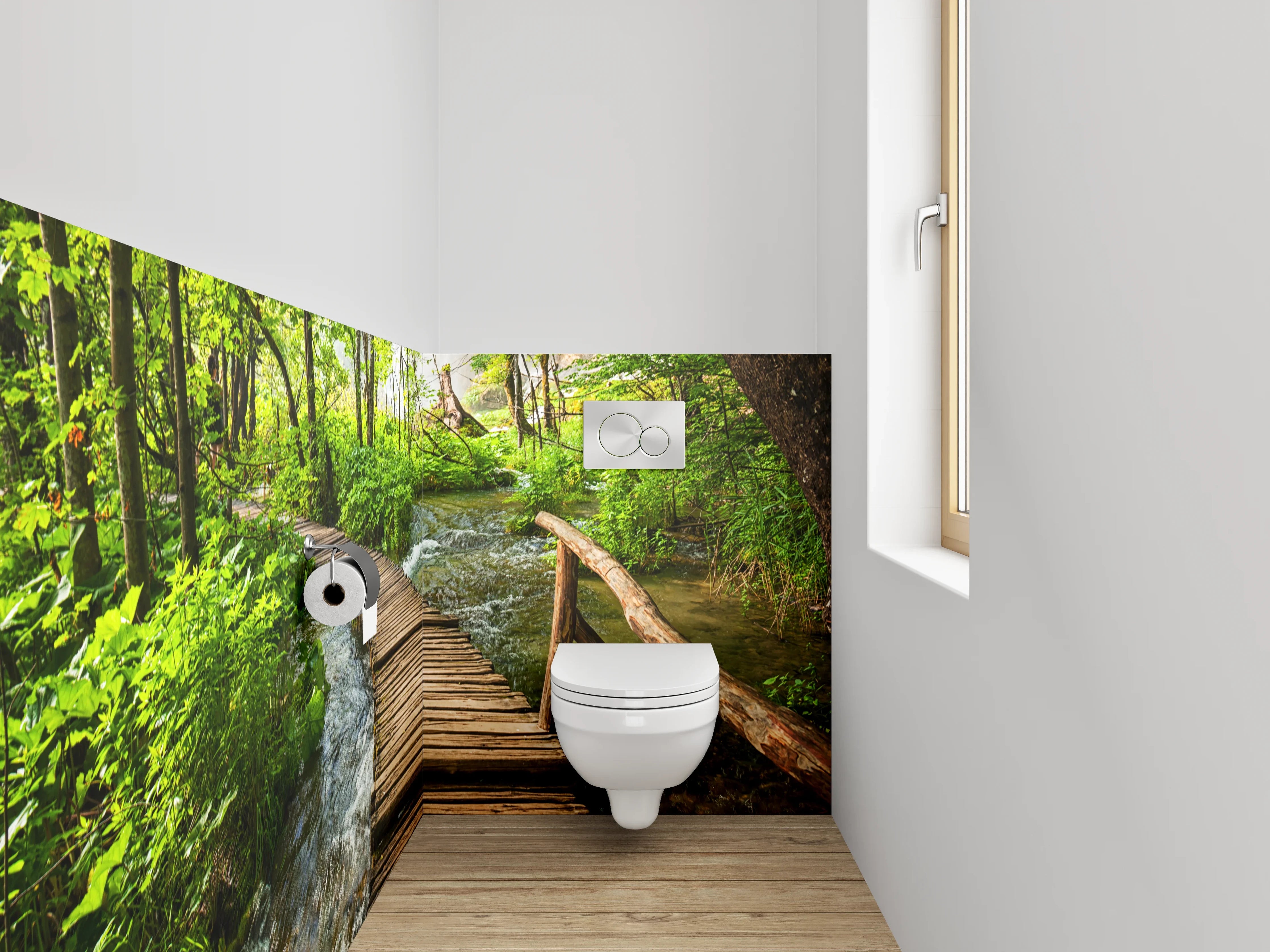WC-Rückwand - Holzsteg im grünen Wald am Bach