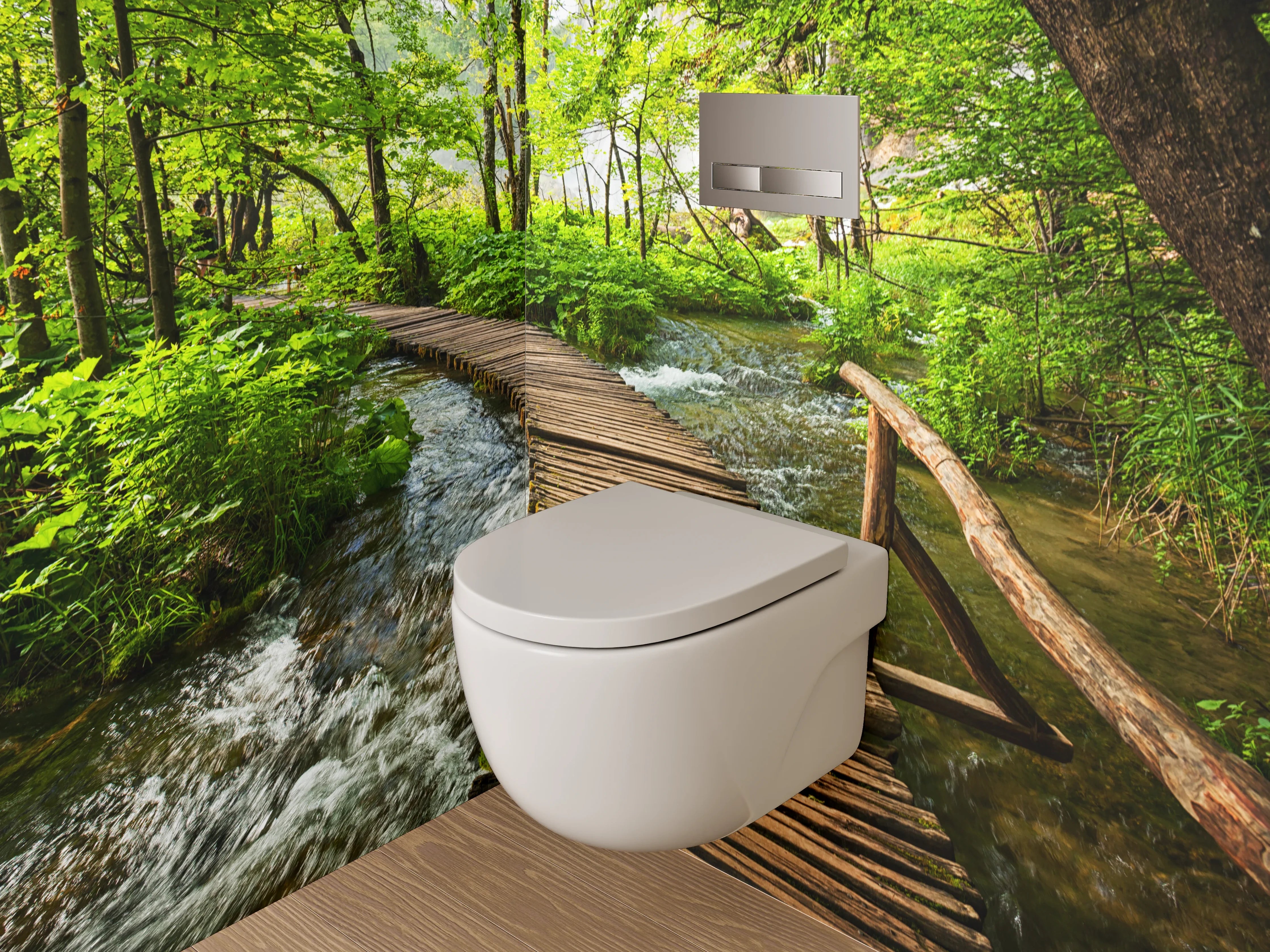 WC-Rückwand - Holzsteg im grünen Wald am Bach