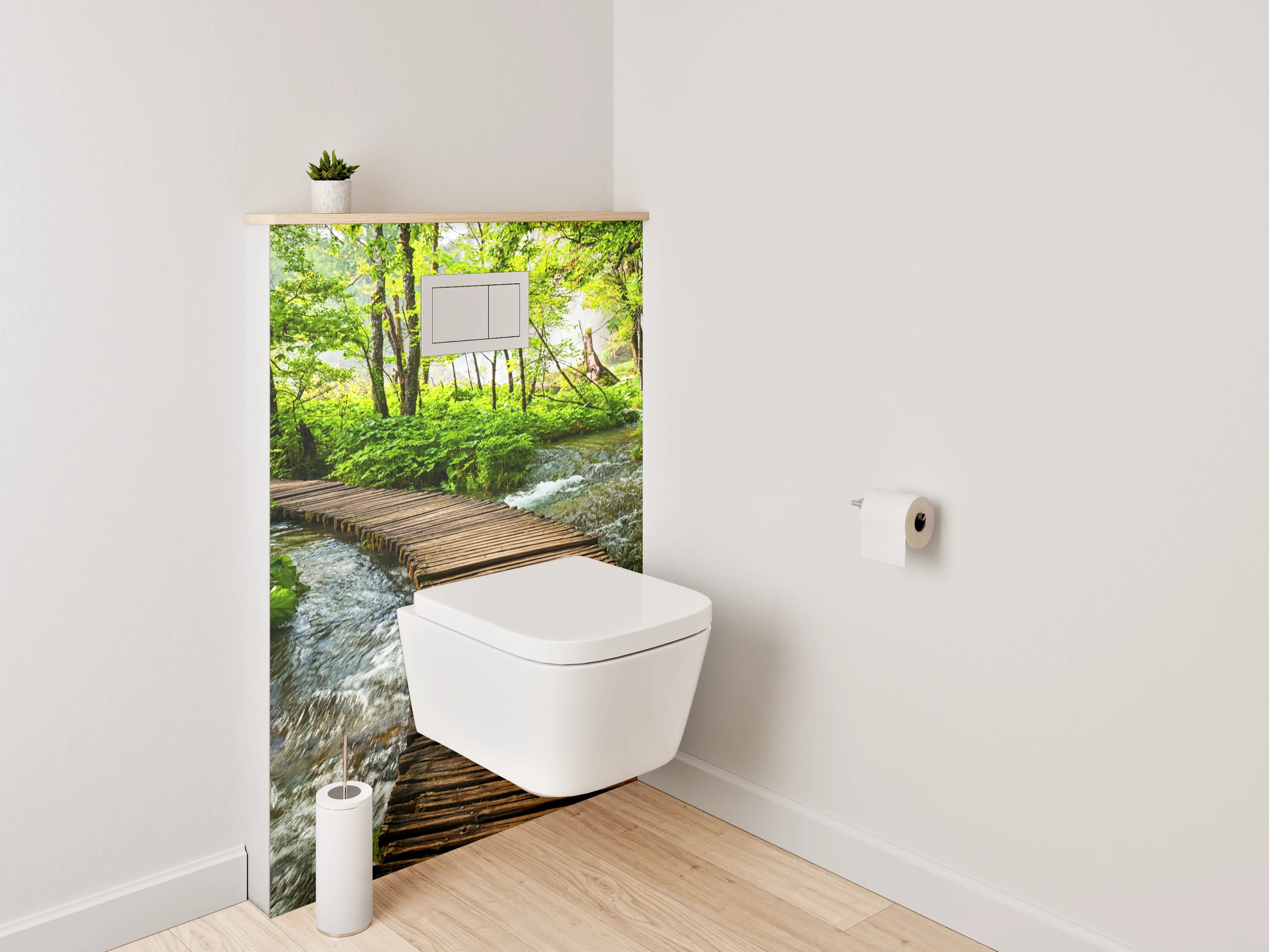 WC-Rückwand - Holzsteg im grünen Wald am Bach