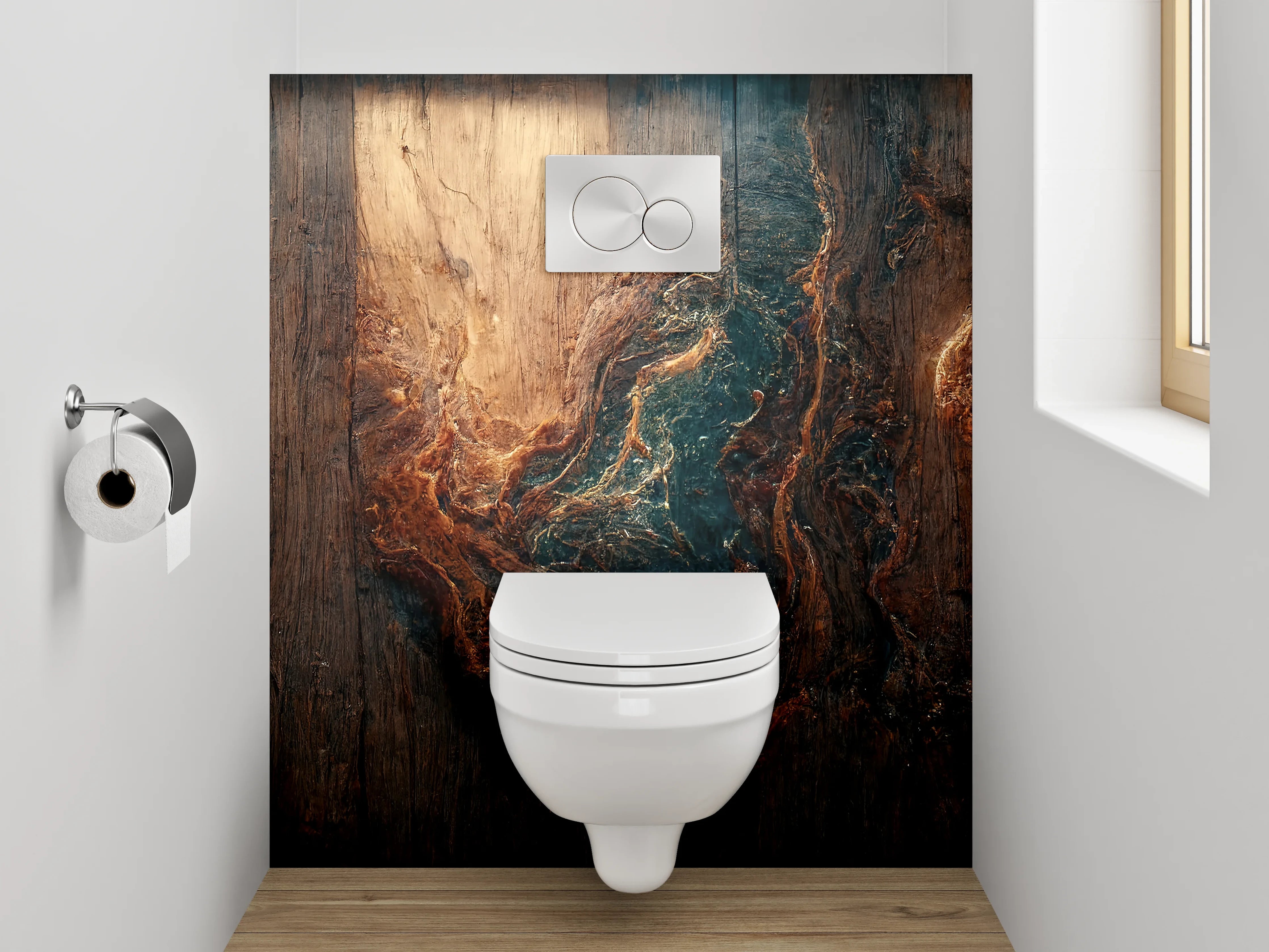 WC-Rückwand - Holzstruktur mit abstraktem Farbspiel