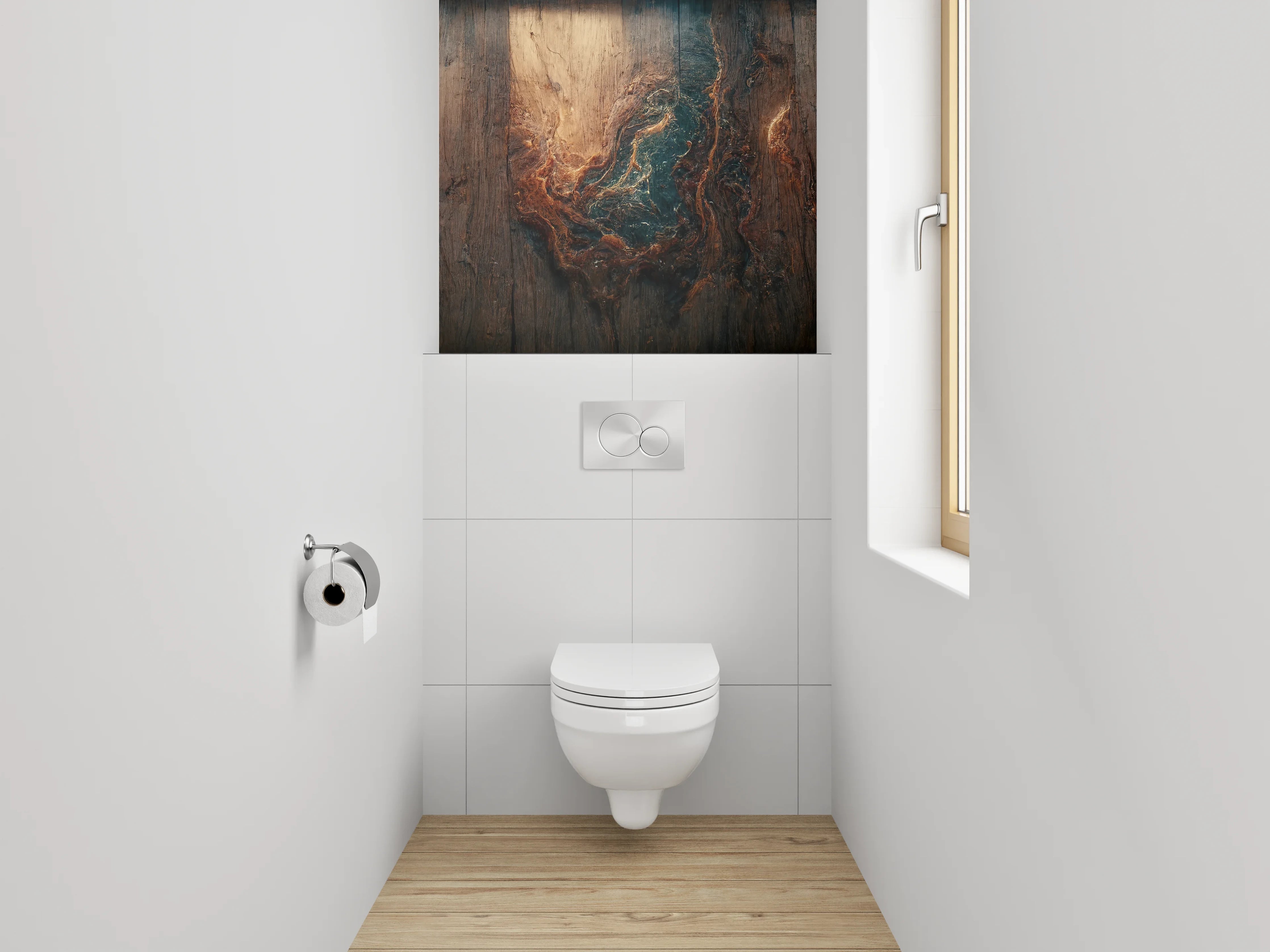 WC-Rückwand - Holzstruktur mit abstraktem Farbspiel