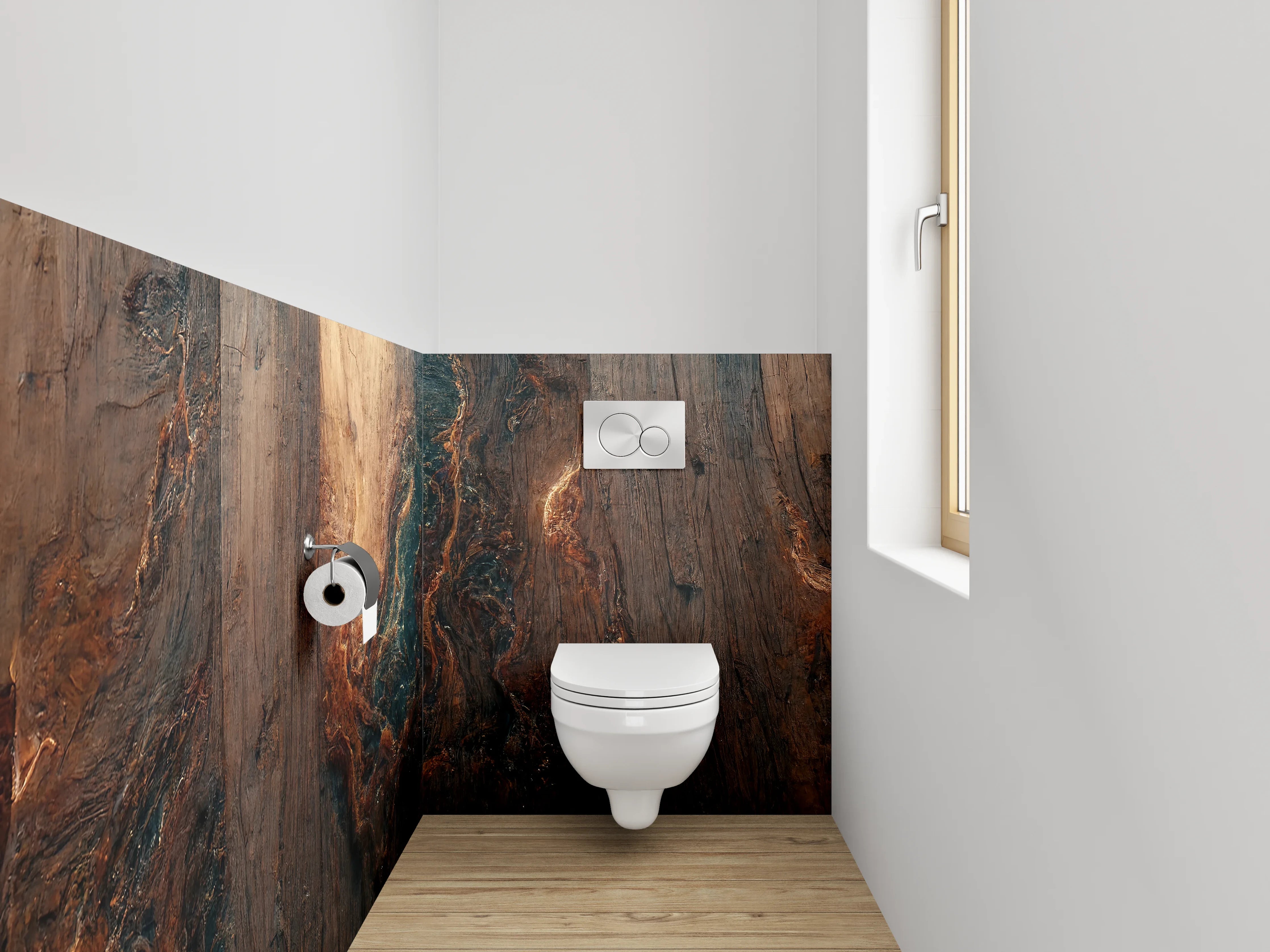 WC-Rückwand - Holzstruktur mit abstraktem Farbspiel