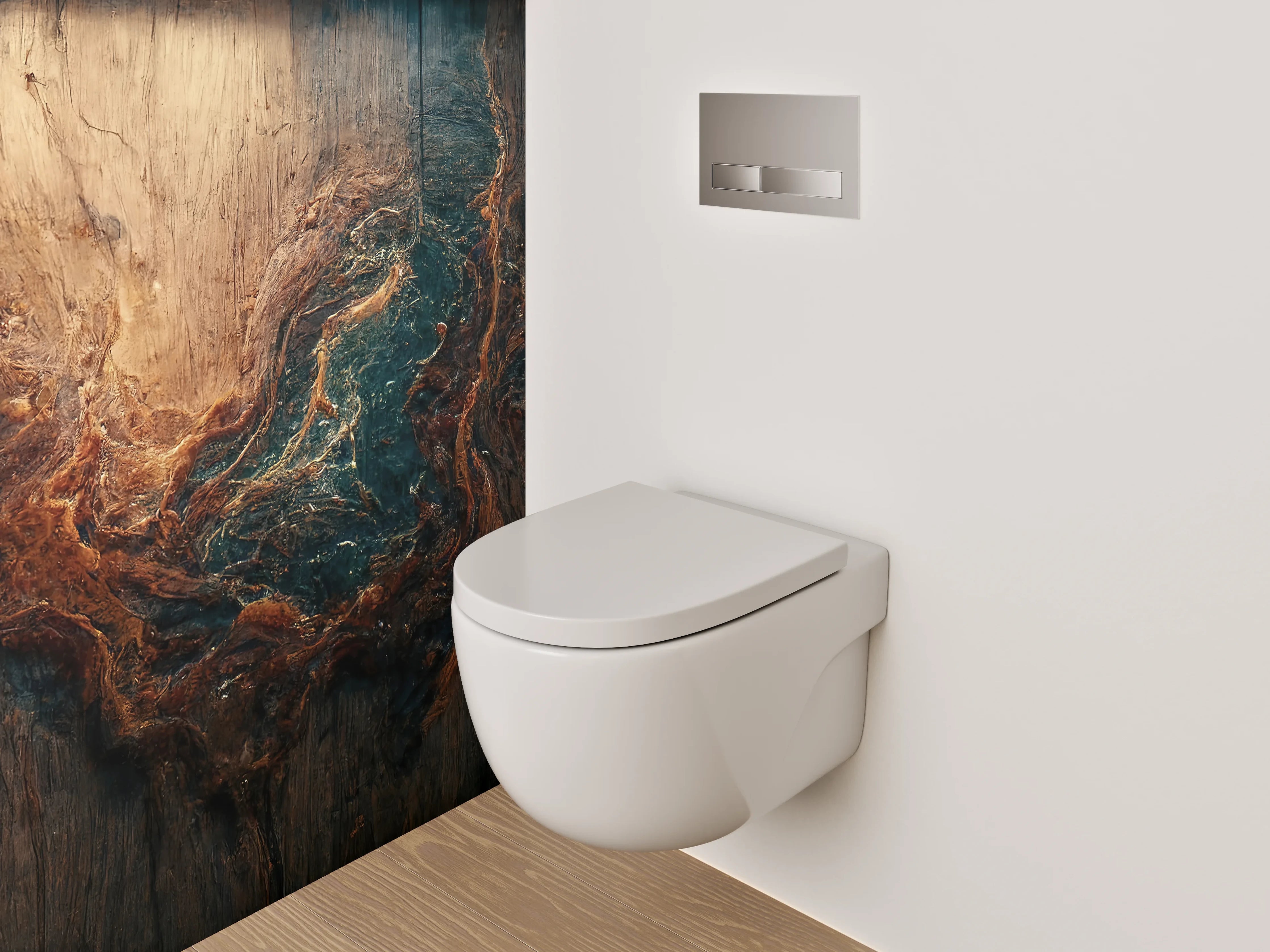 WC-Rückwand - Holzstruktur mit abstraktem Farbspiel