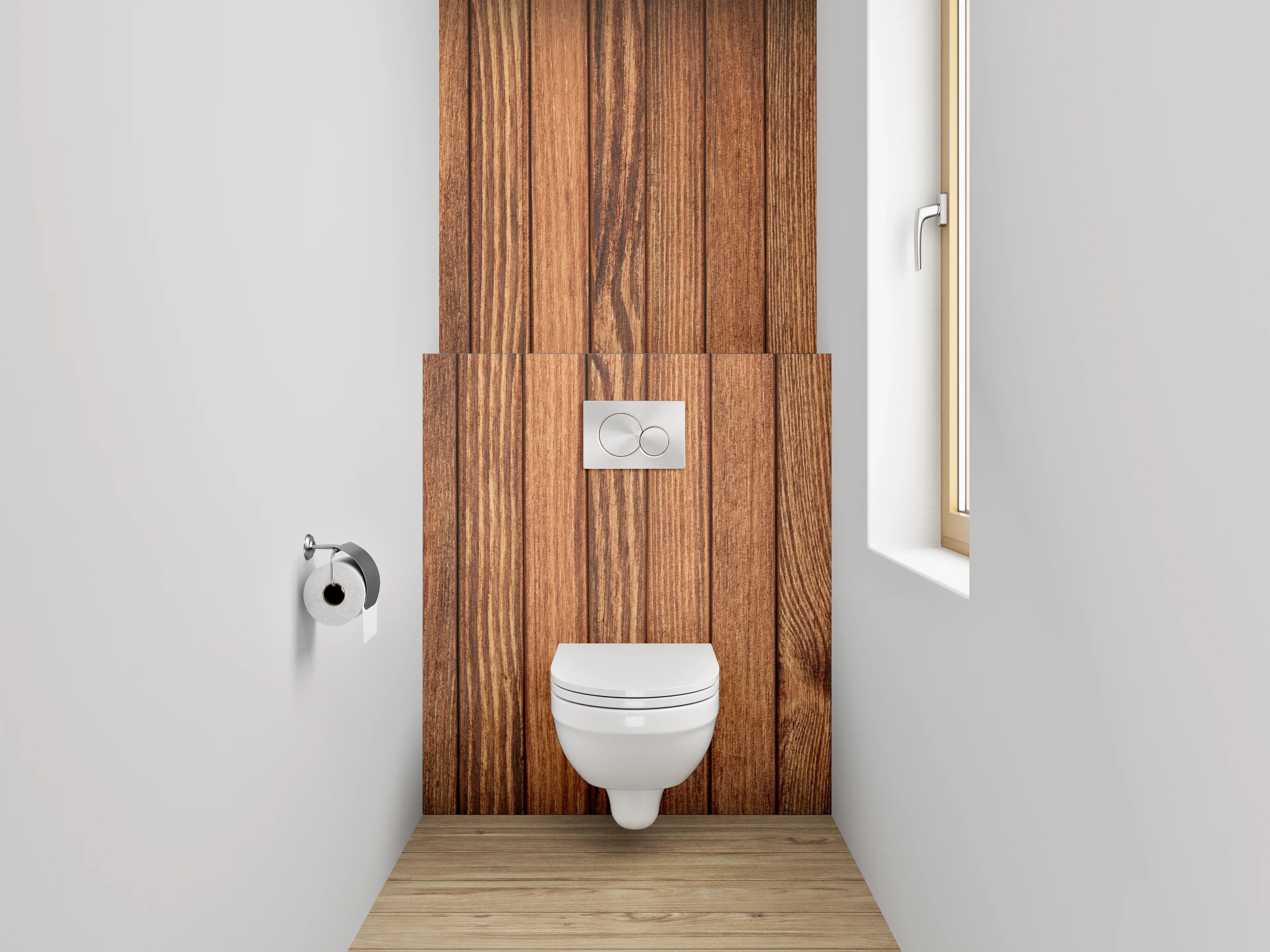 WC-Rückwand - Holzvertäfelung in warmen Brauntönen