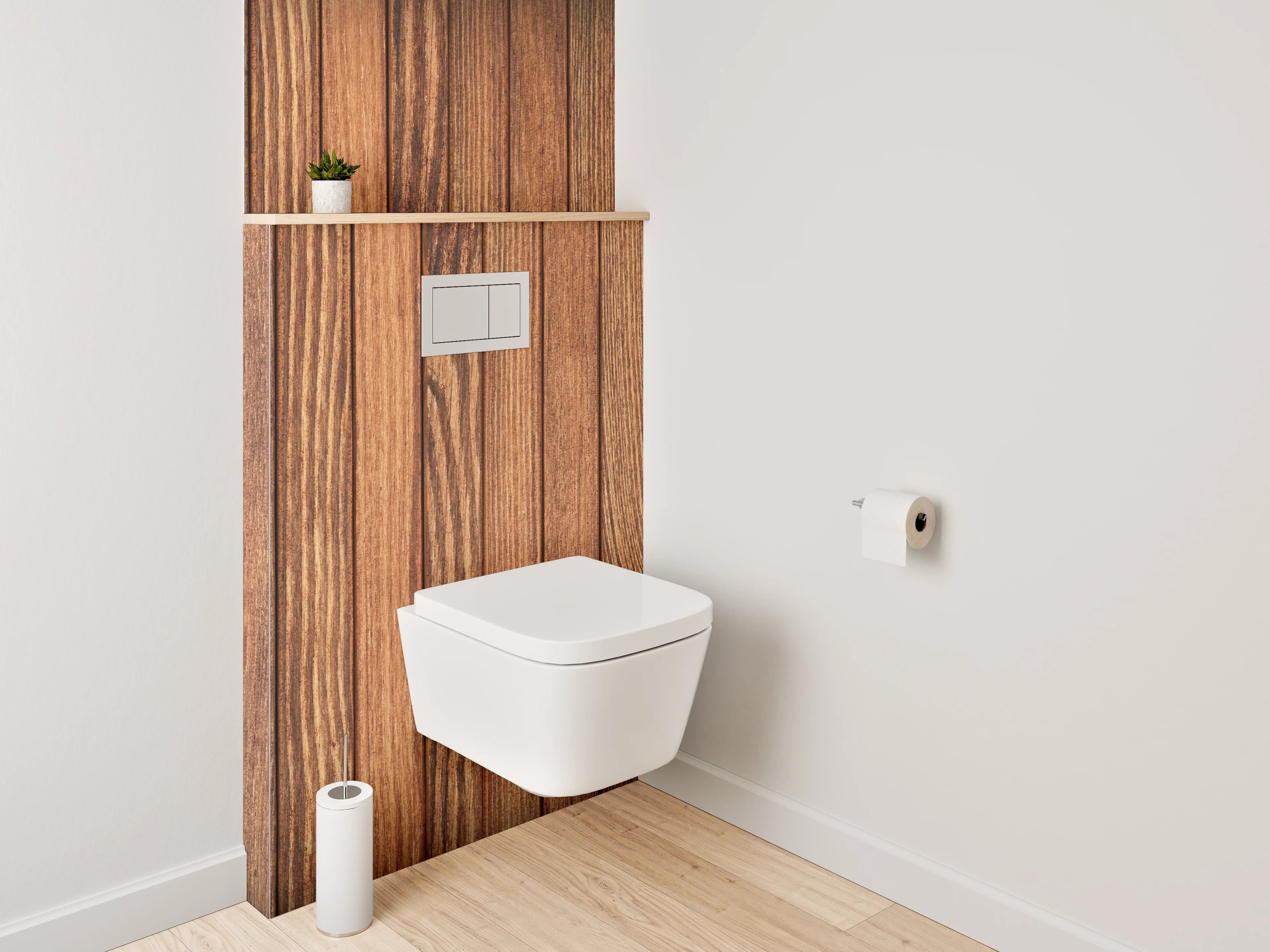 WC-Rückwand - Holzvertäfelung in warmen Brauntönen