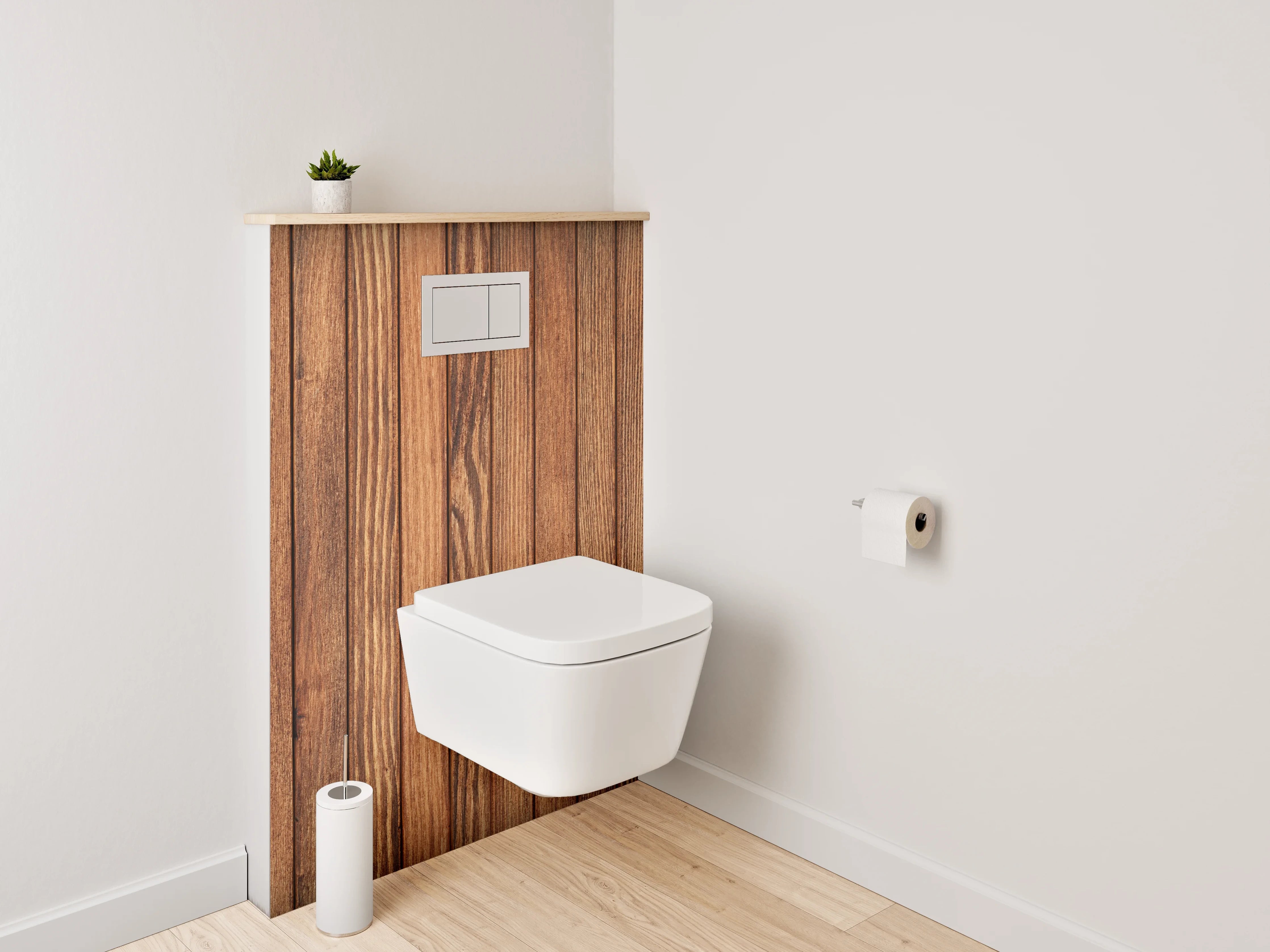 WC-Rückwand - Holzvertäfelung in warmen Brauntönen