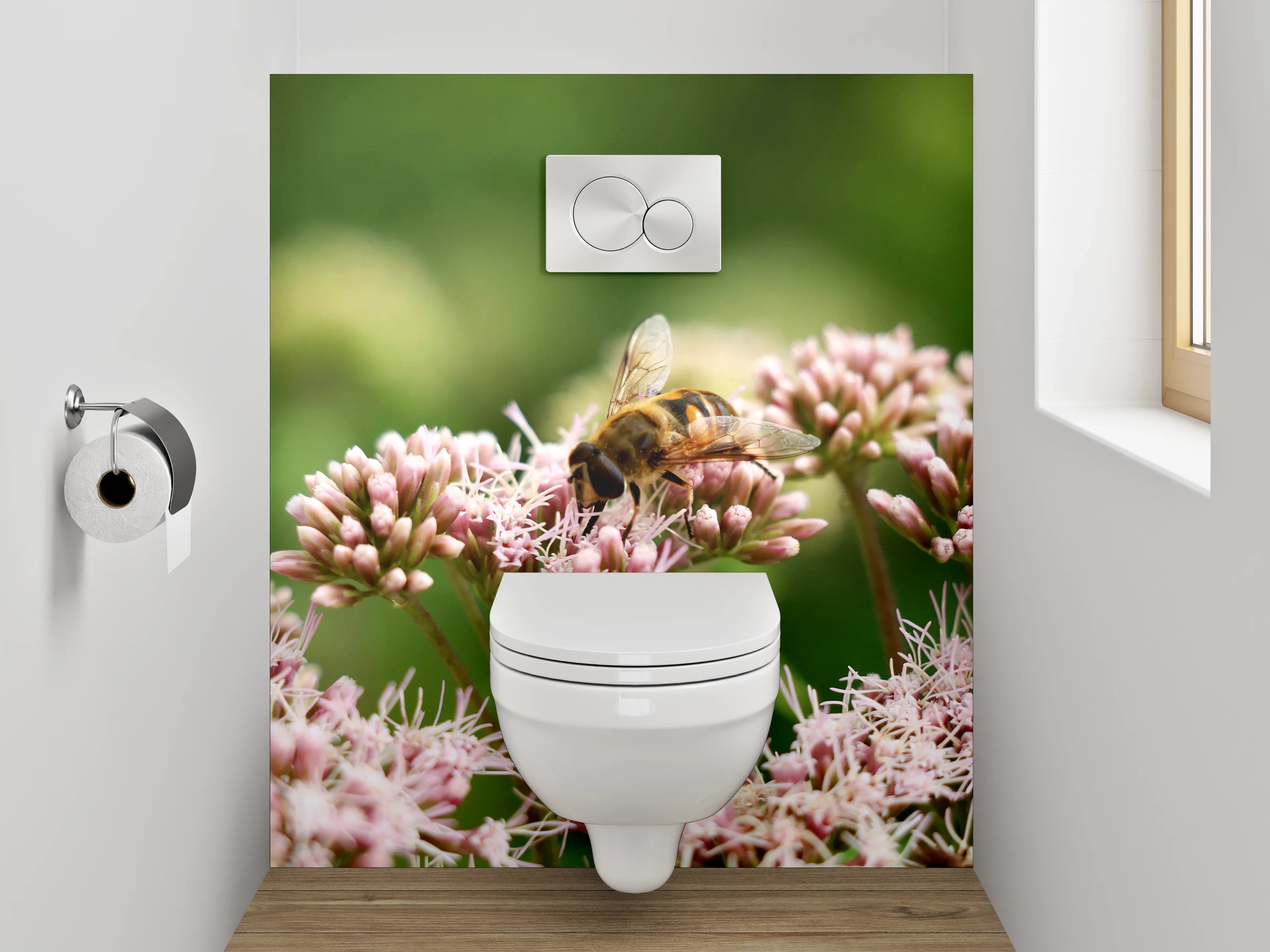 WC-Rückwand - Honigsammlerin auf pastellfarbenen Blüten