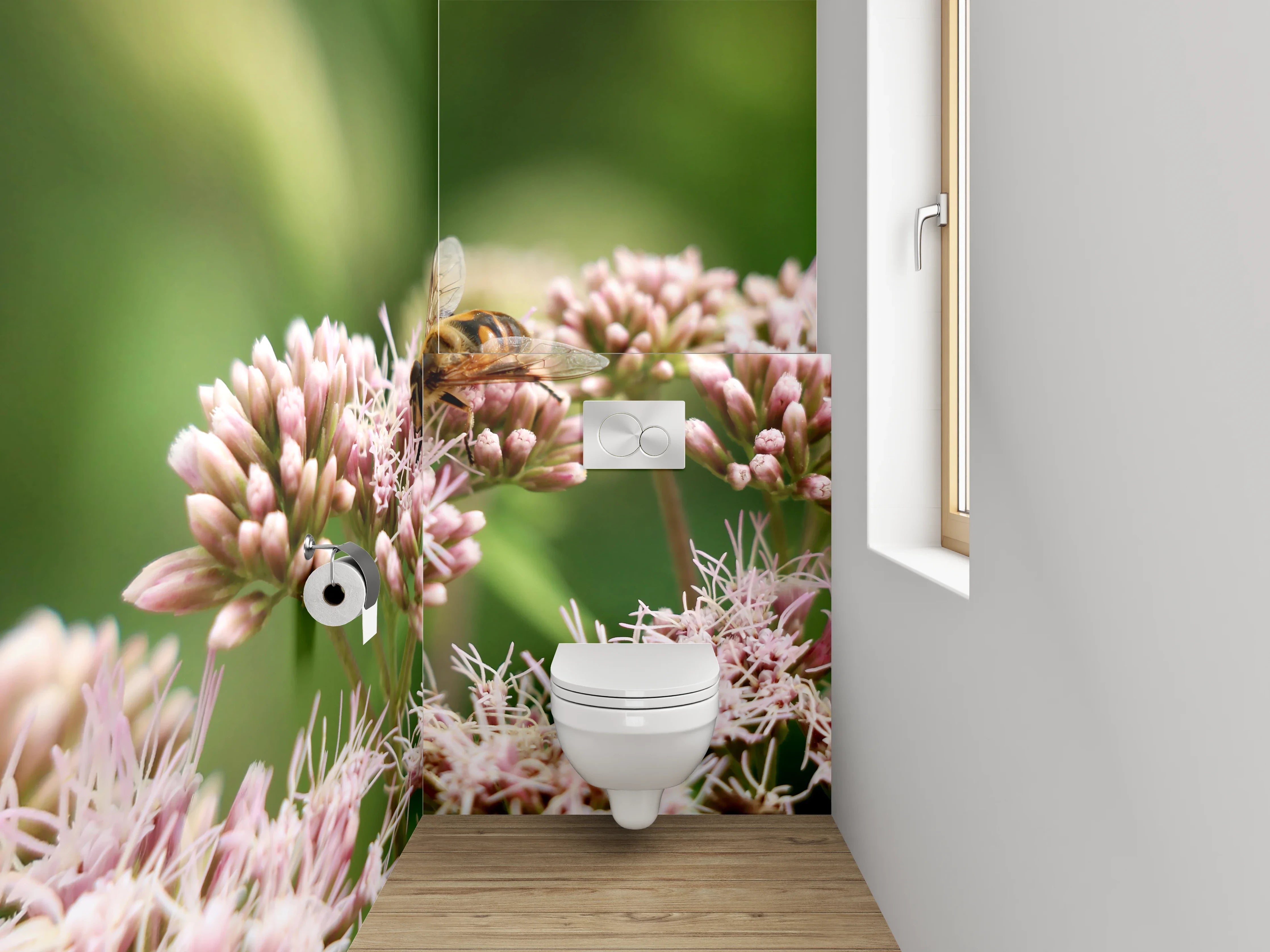 WC-Rückwand - Honigsammlerin auf pastellfarbenen Blüten