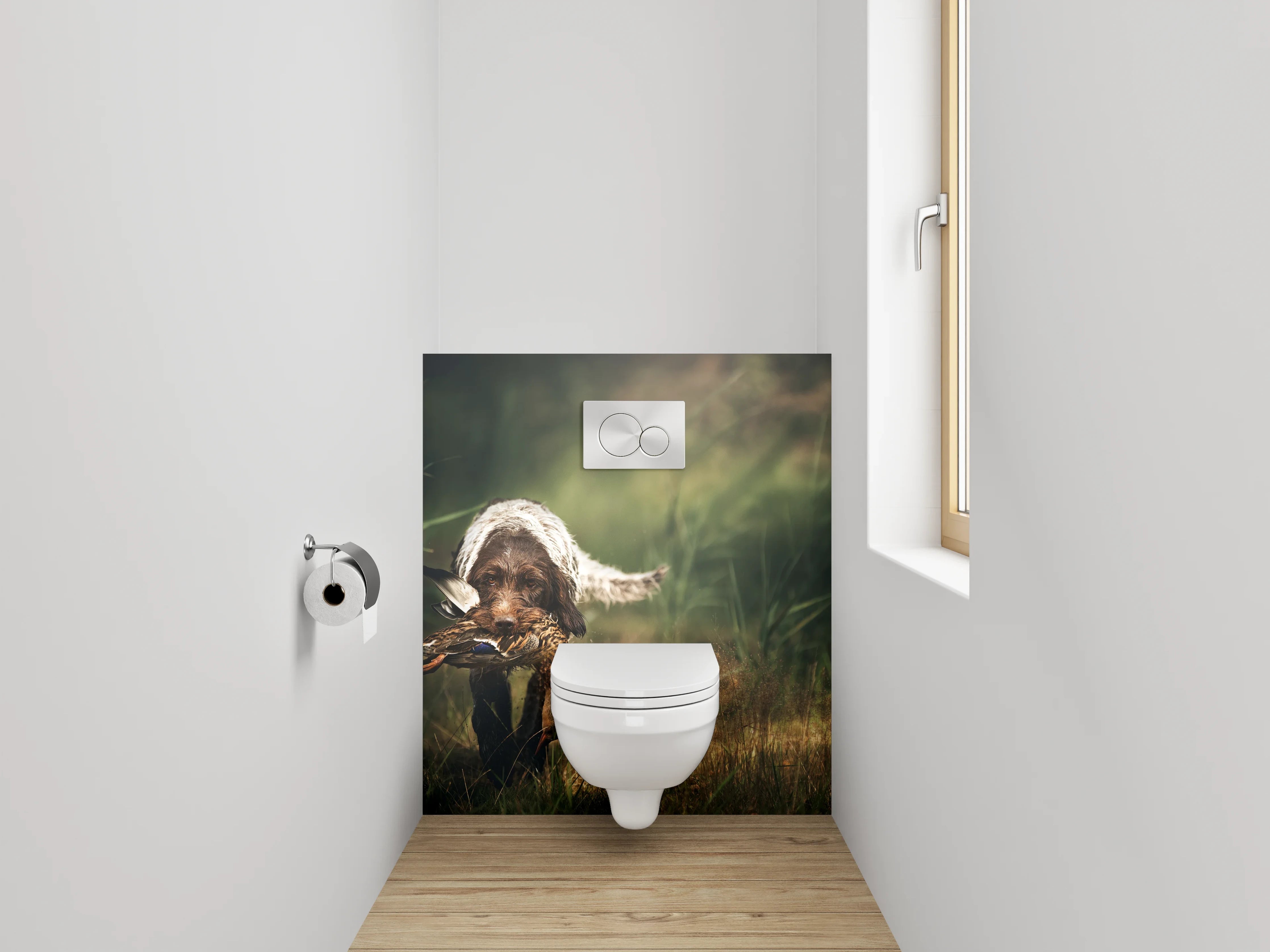 WC-Rückwand - Hund mit Ente im Feld