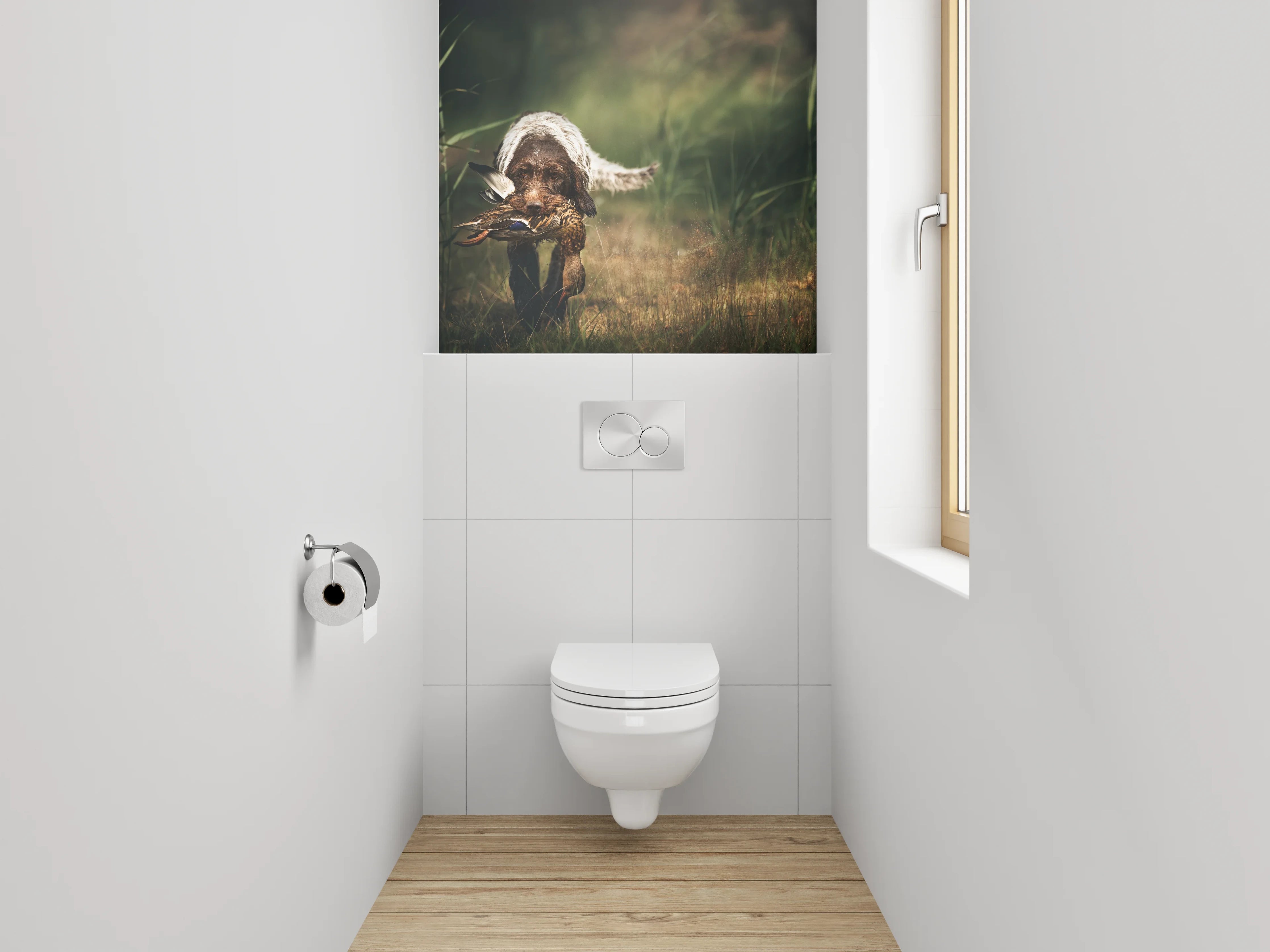 WC-Rückwand - Hund mit Ente im Feld
