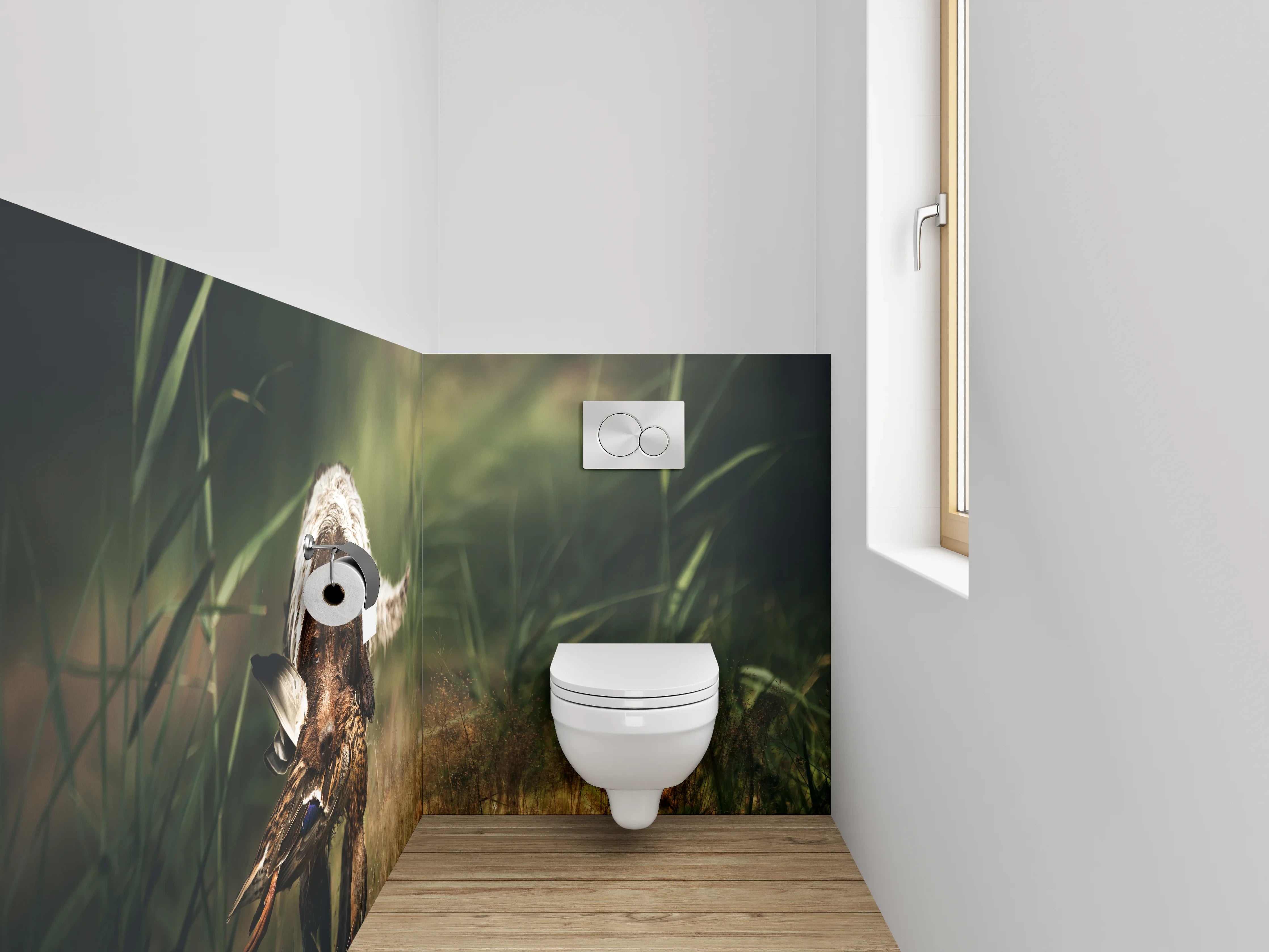 WC-Rückwand - Hund mit Ente im Feld