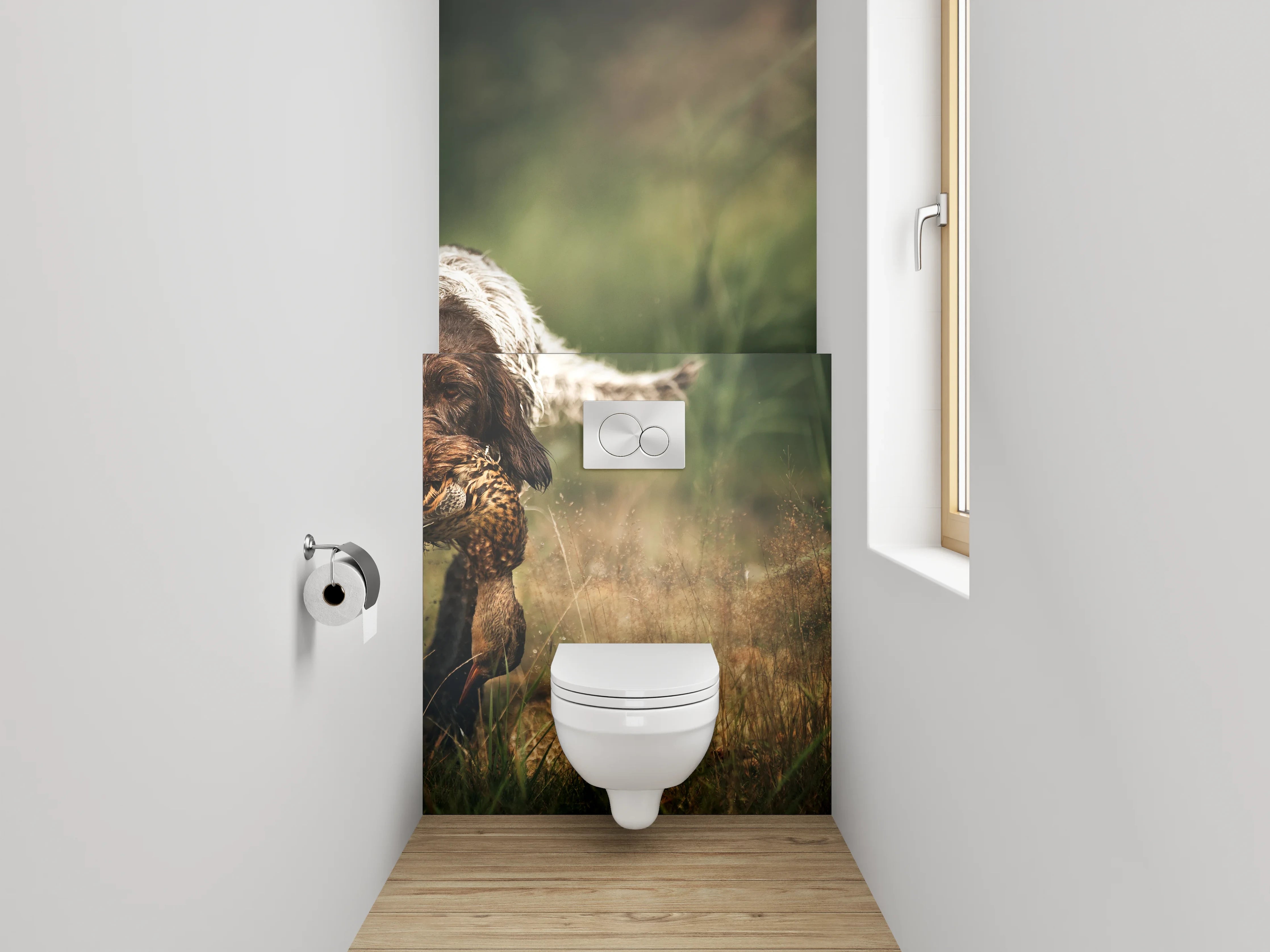 WC-Rückwand - Hund mit Ente im Feld