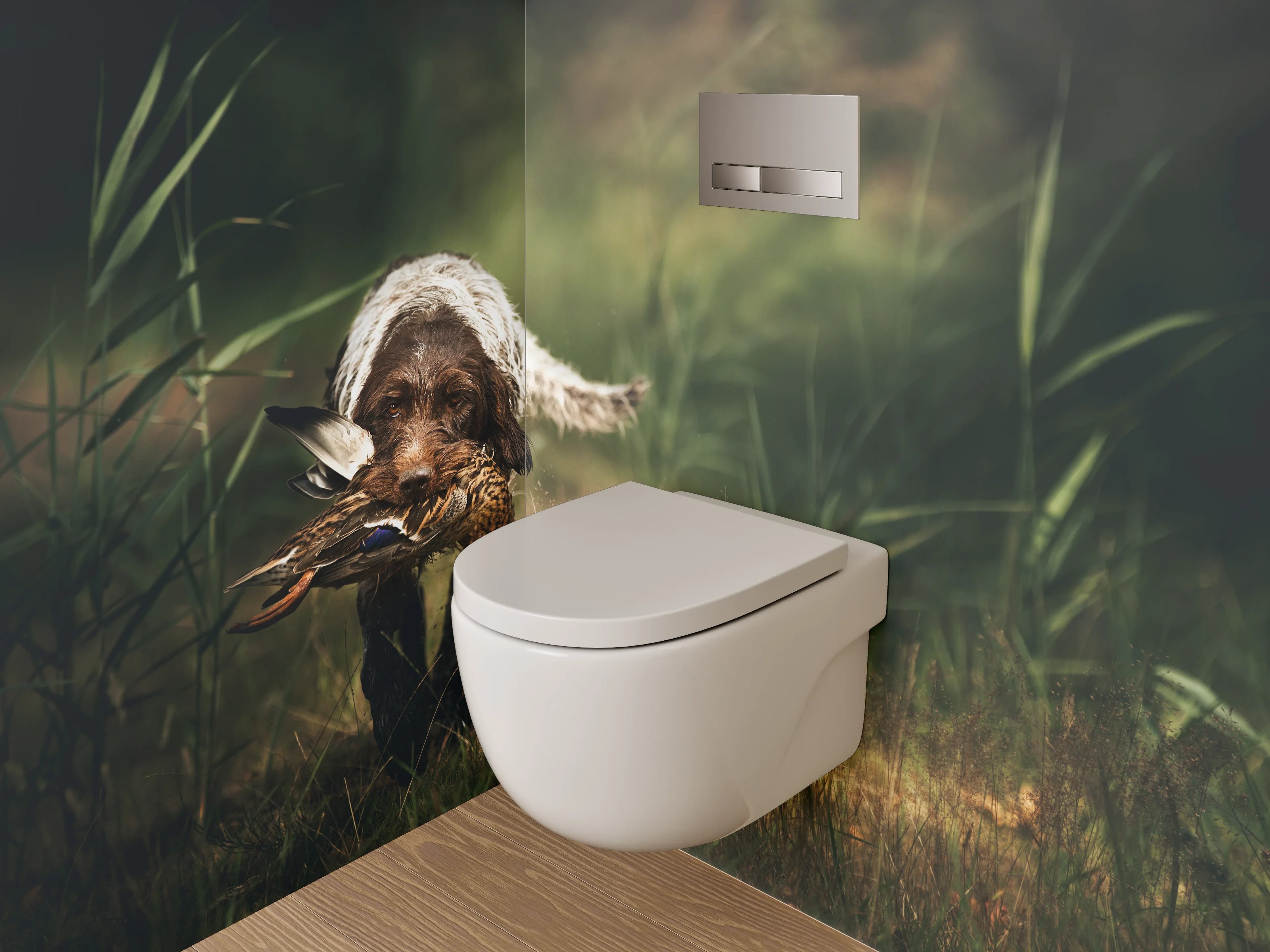 WC-Rückwand - Hund mit Ente im Feld