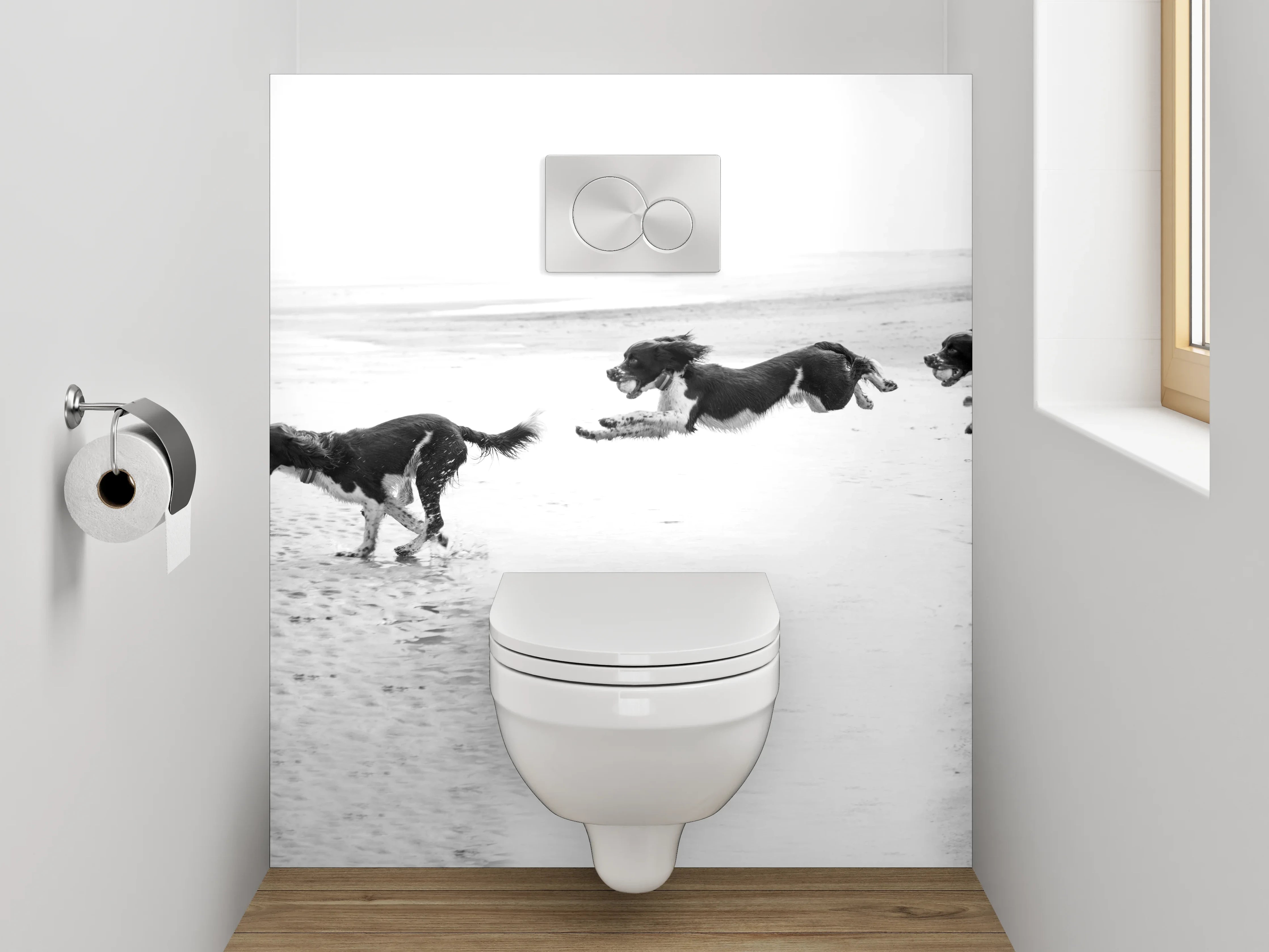 WC-Rückwand - Hunde am Strand Schwarz-Weiß
