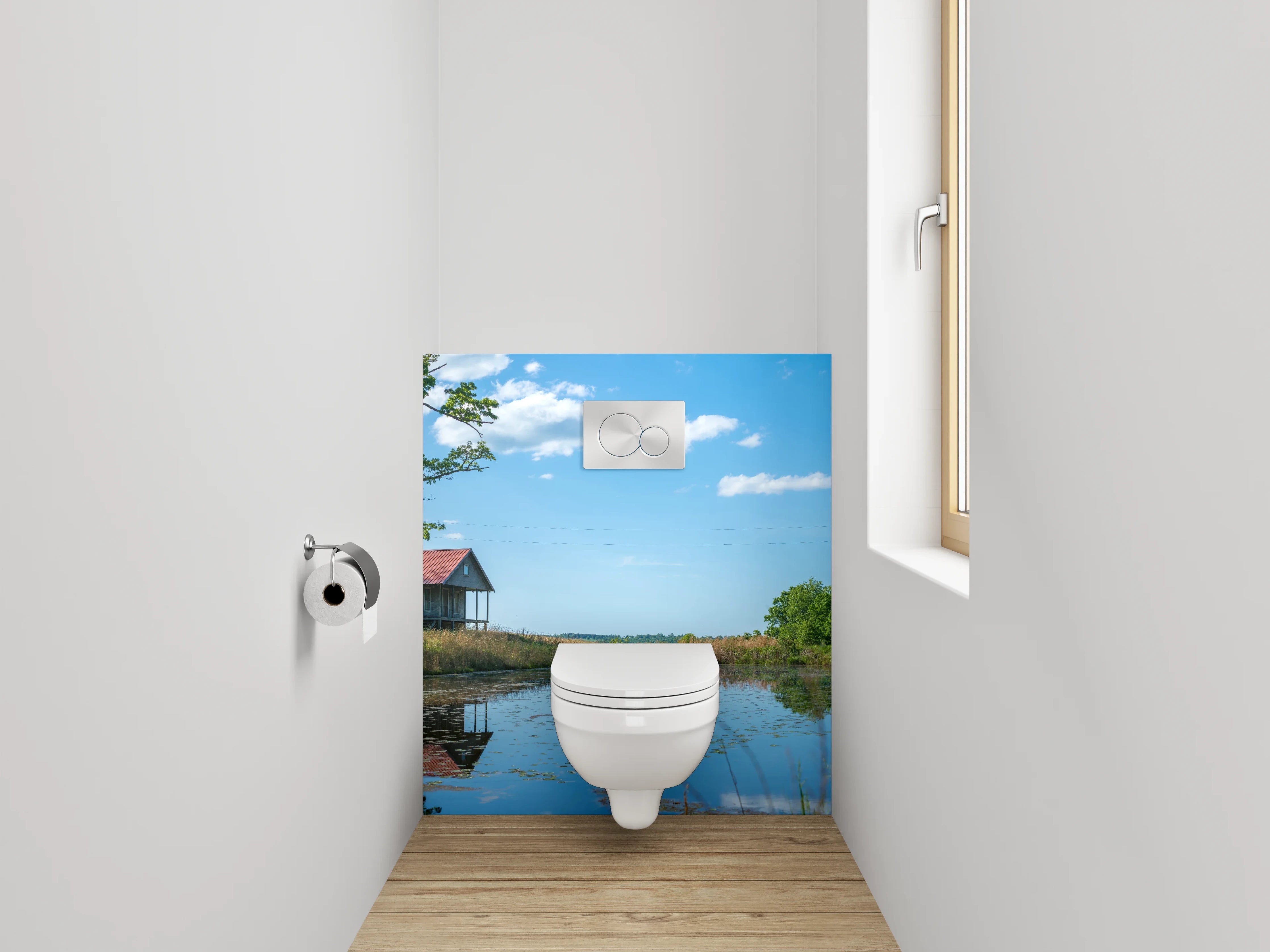 WC-Rückwand - Idyllische Landschaft mit See und Hütte