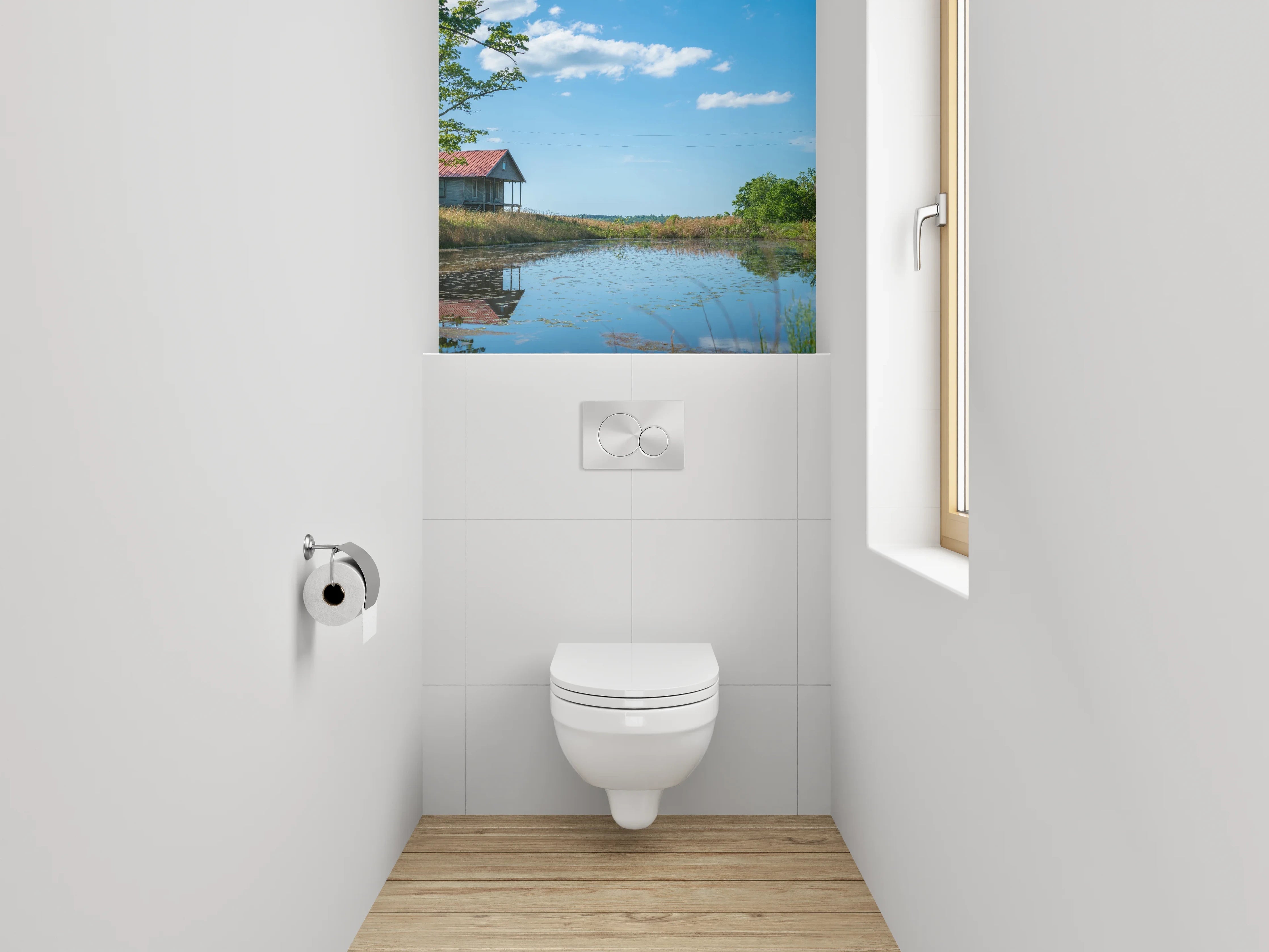 WC-Rückwand - Idyllische Landschaft mit See und Hütte