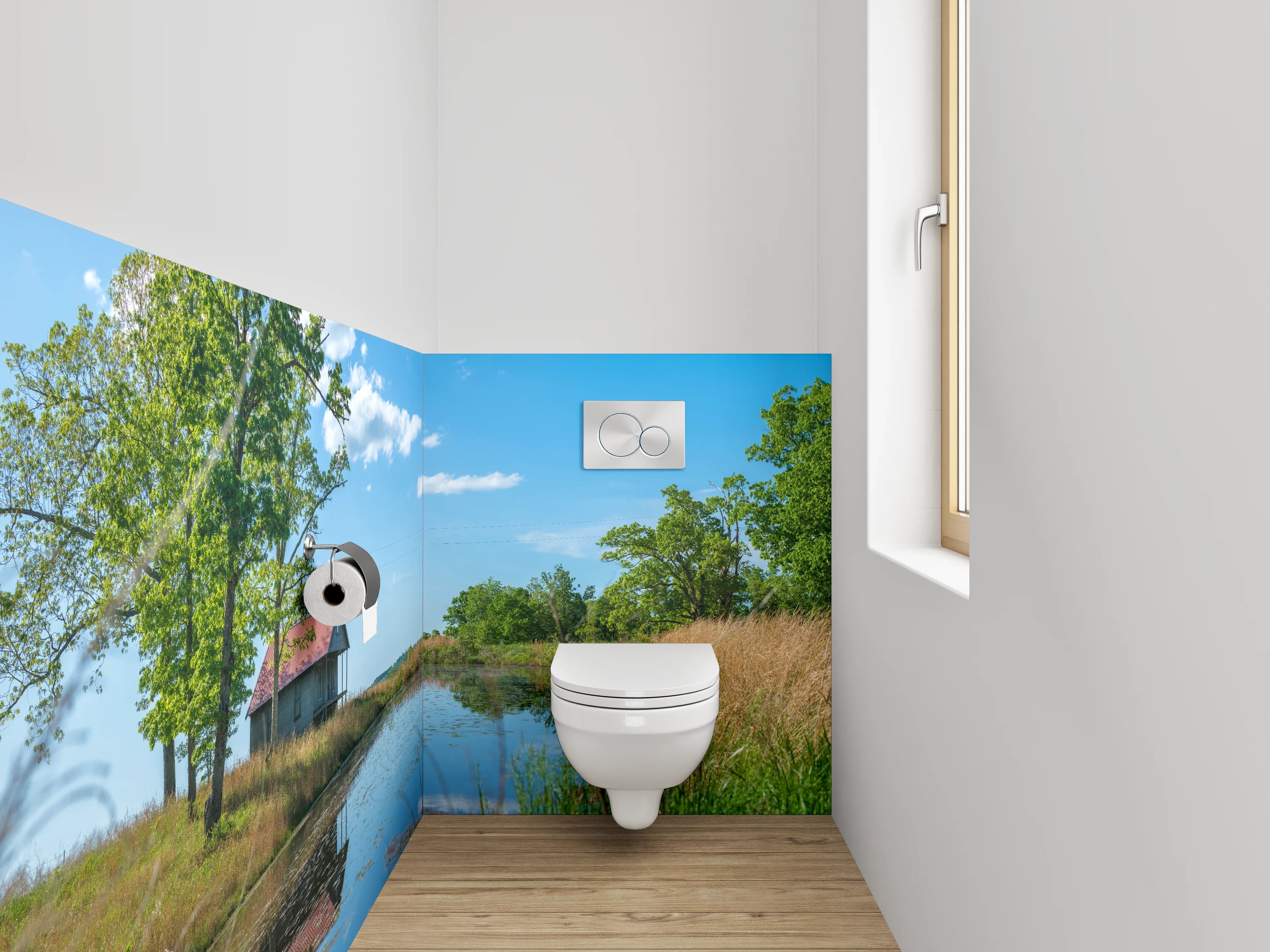 WC-Rückwand - Idyllische Landschaft mit See und Hütte