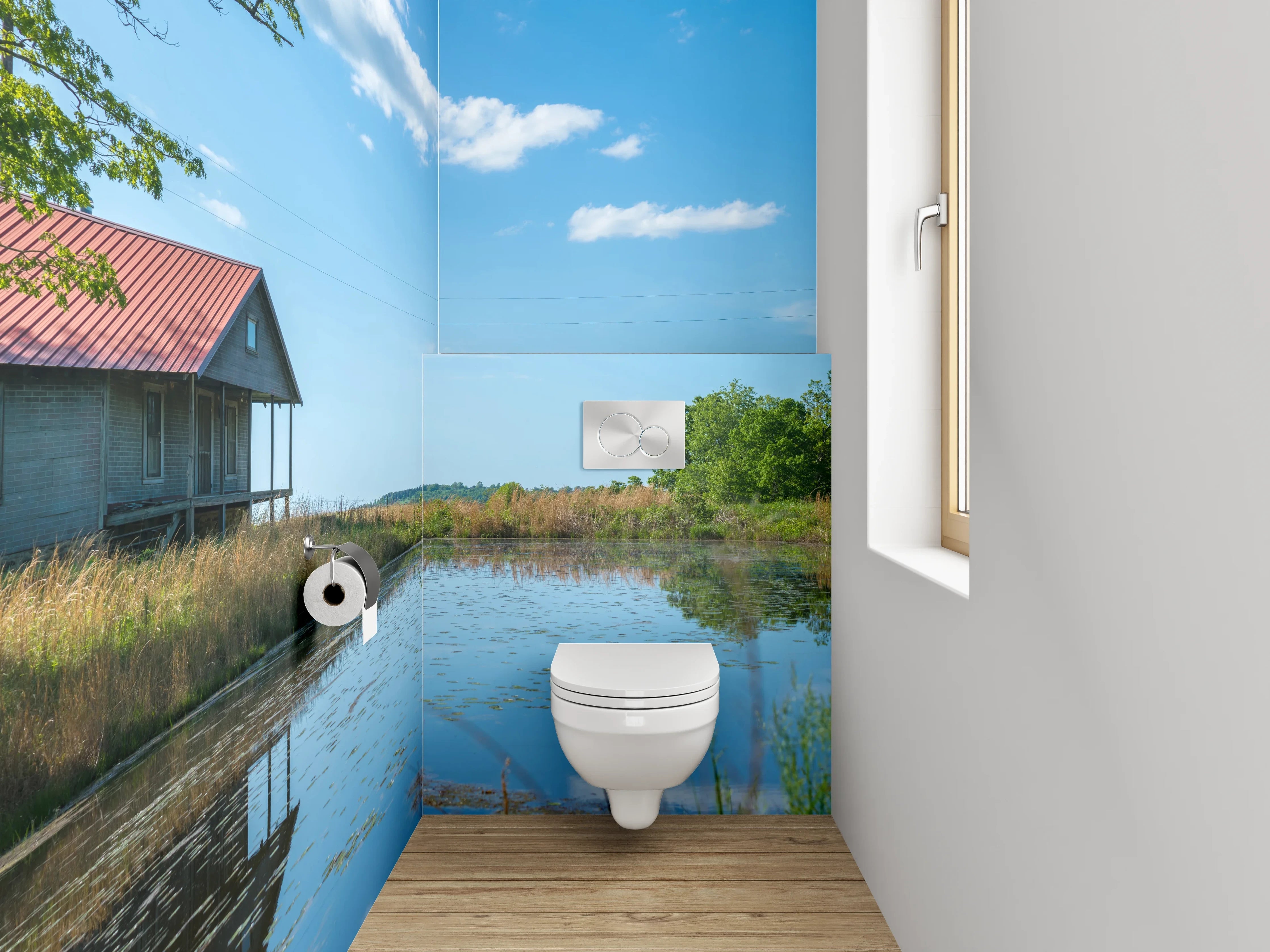WC-Rückwand - Idyllische Landschaft mit See und Hütte