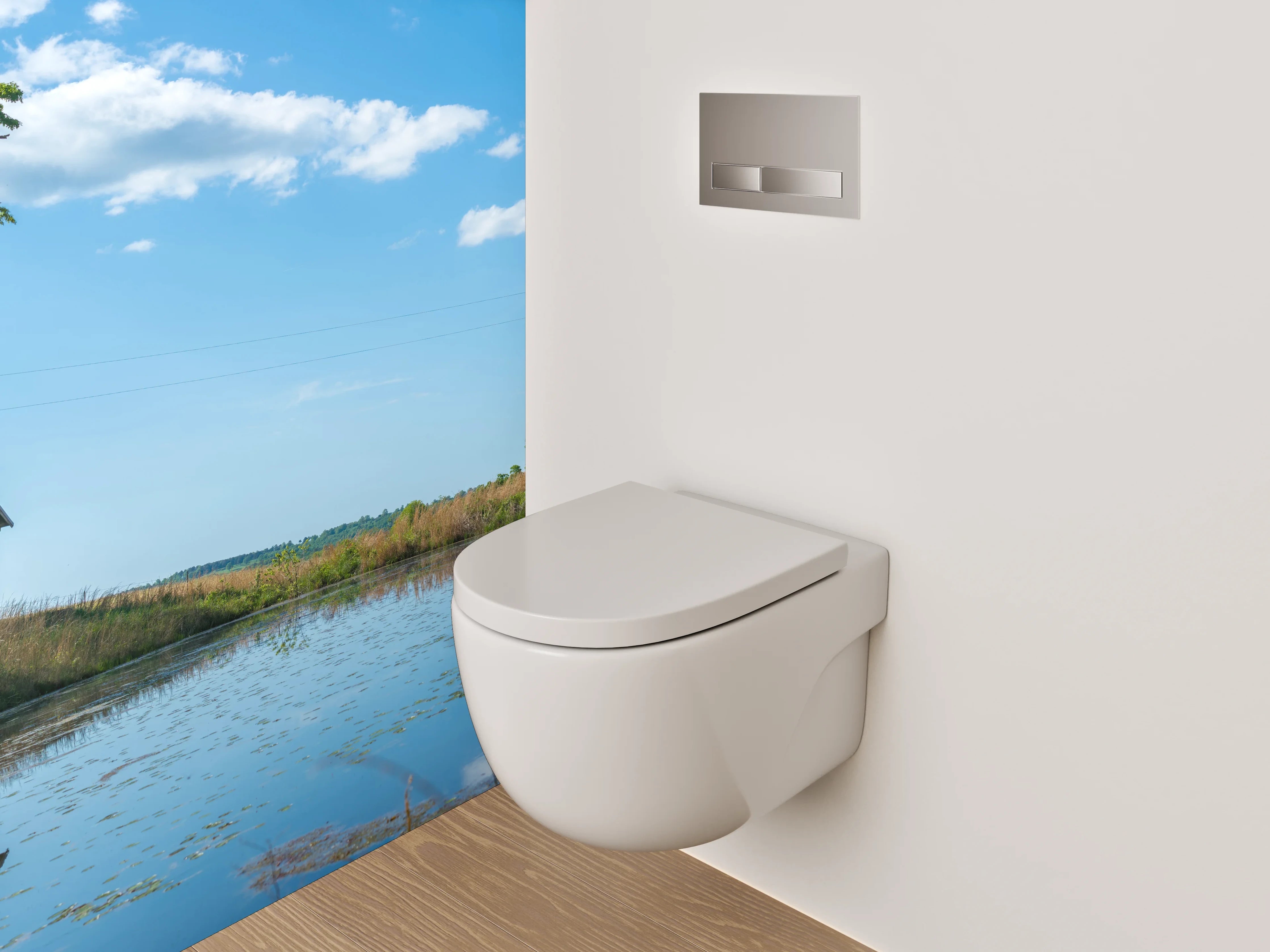 WC-Rückwand - Idyllische Landschaft mit See und Hütte