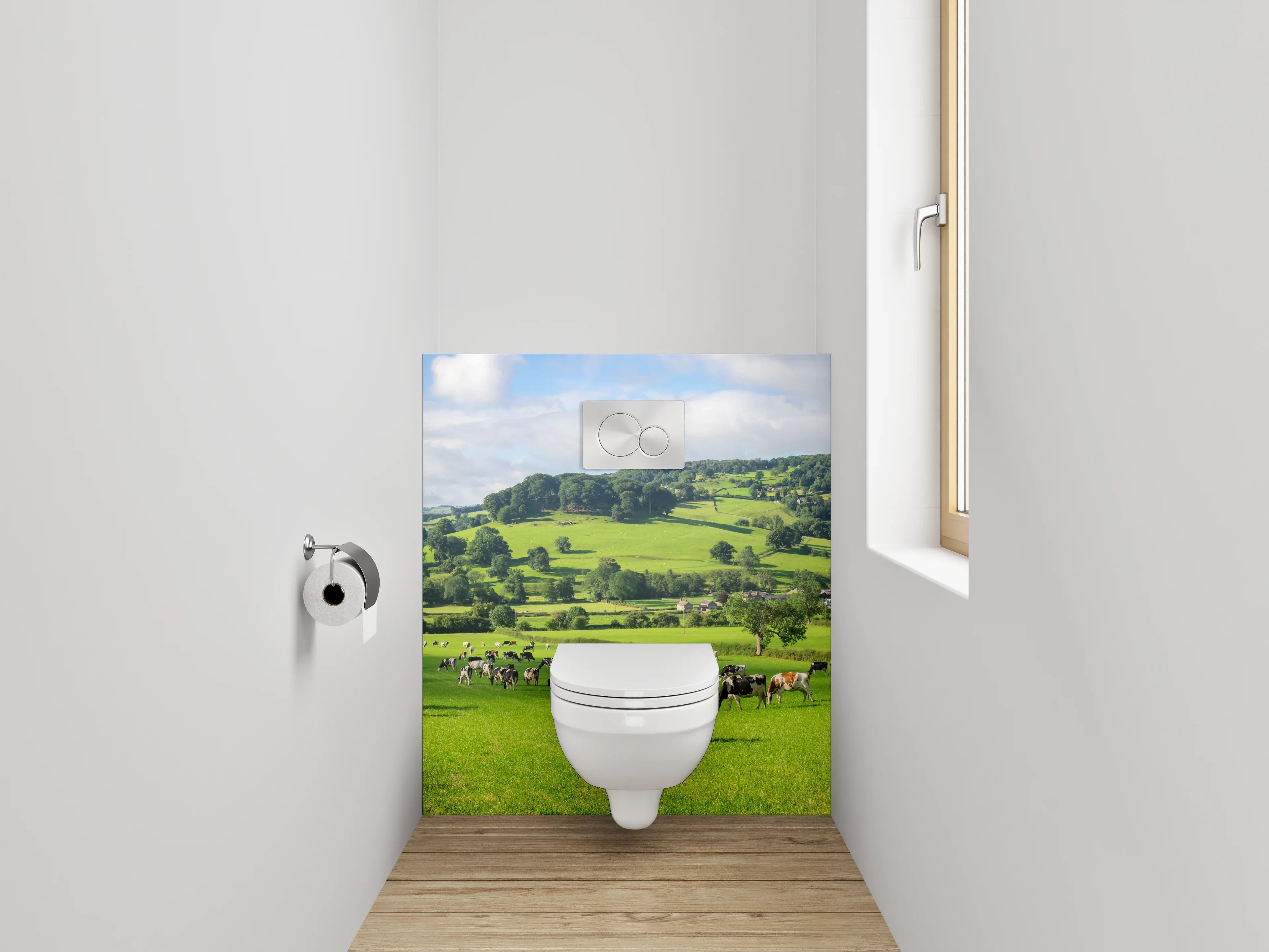 WC-Rückwand - Idyllische grüne Weidelandschaft mit Kühen