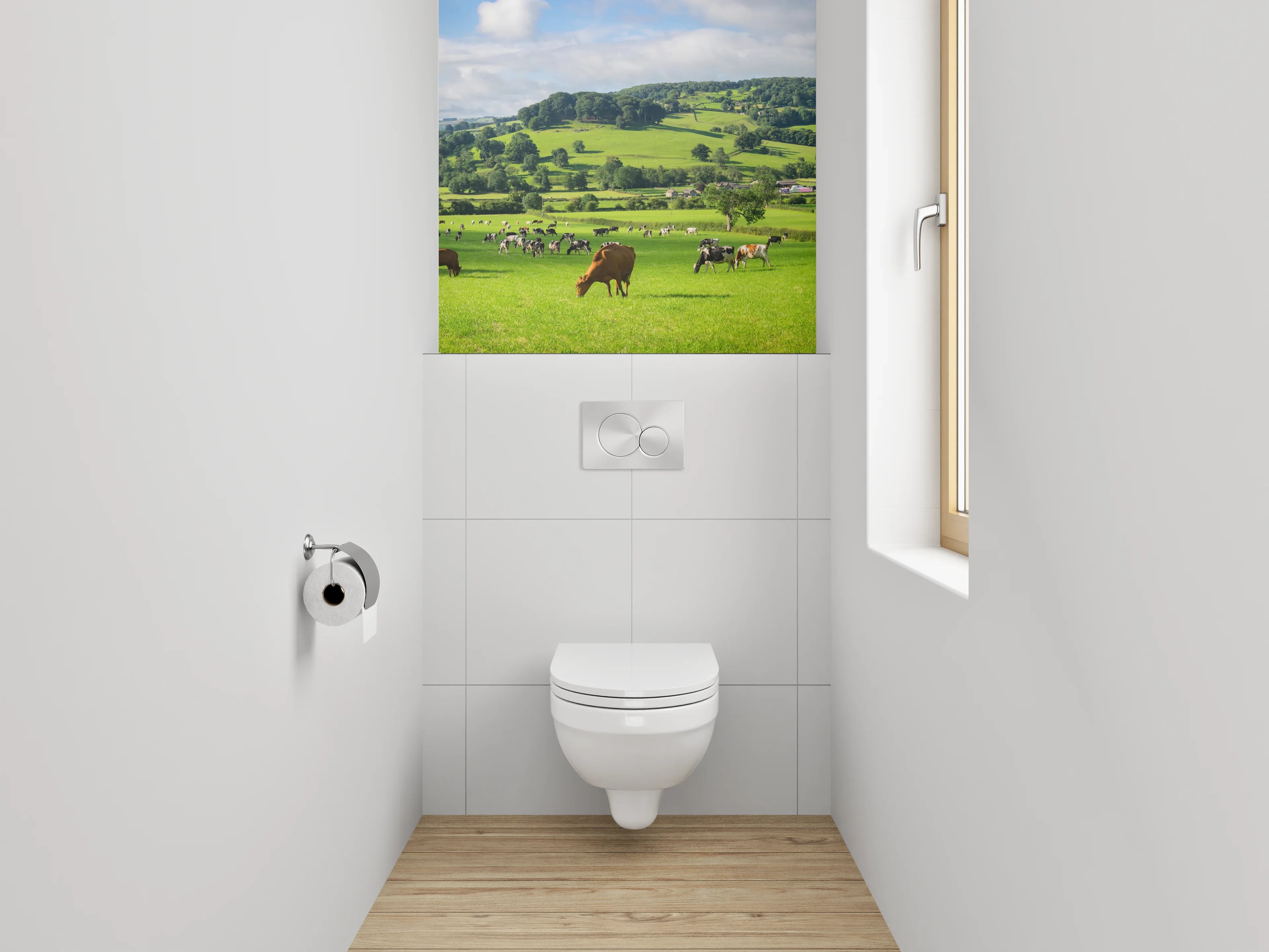 WC-Rückwand - Idyllische grüne Weidelandschaft mit Kühen