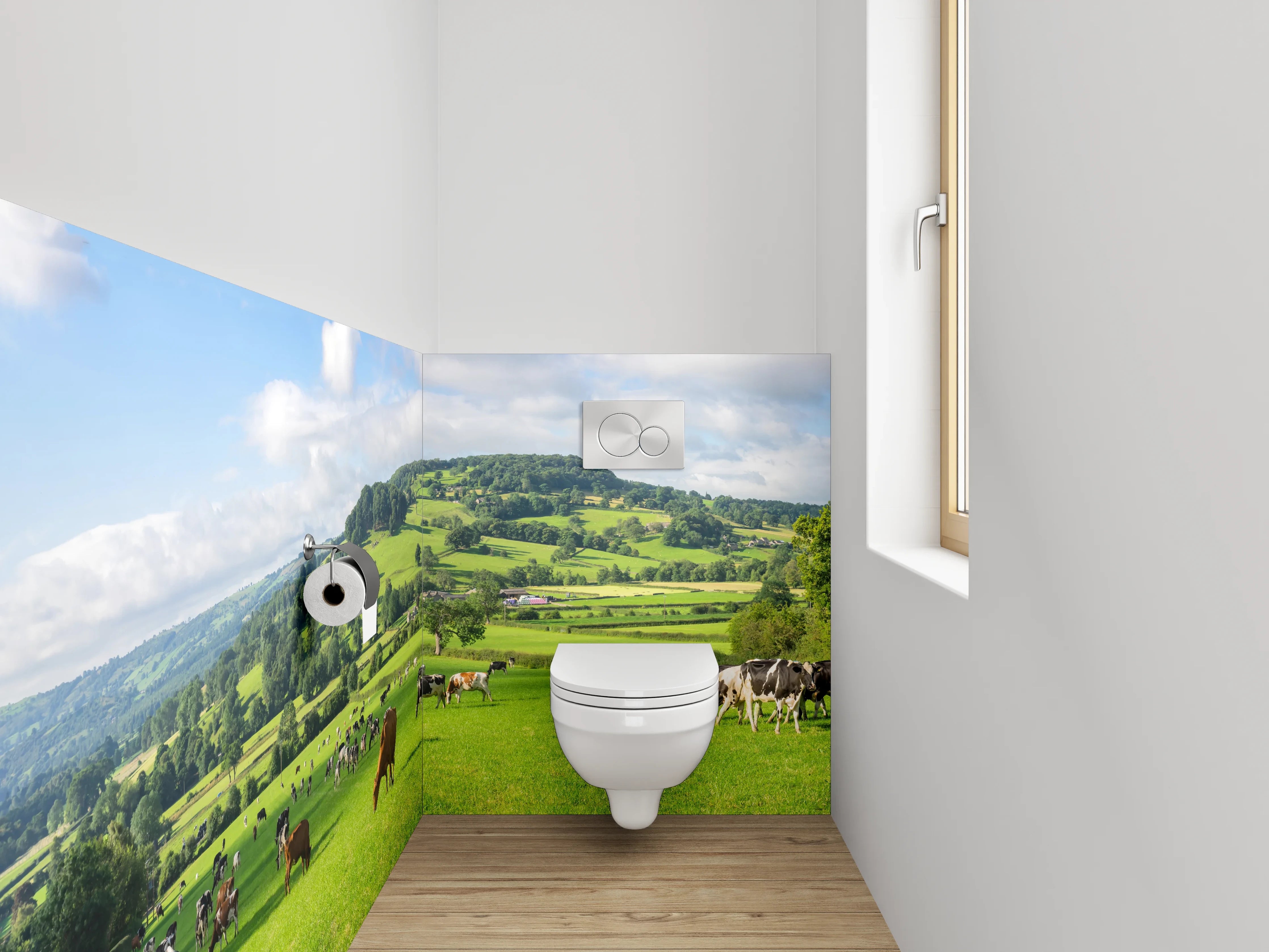 WC-Rückwand - Idyllische grüne Weidelandschaft mit Kühen