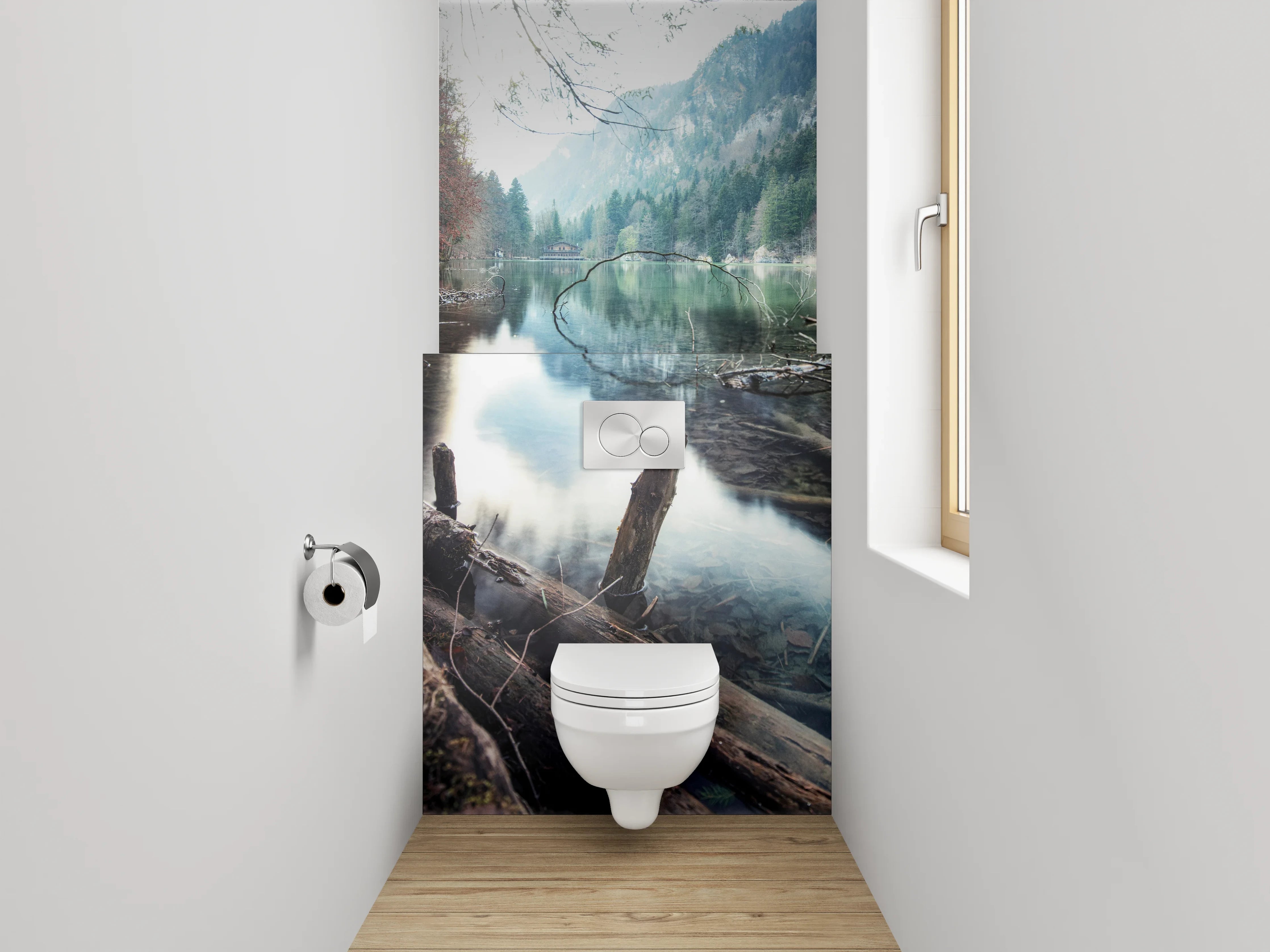 WC-Rückwand - Idyllischer Bergsee im Wald