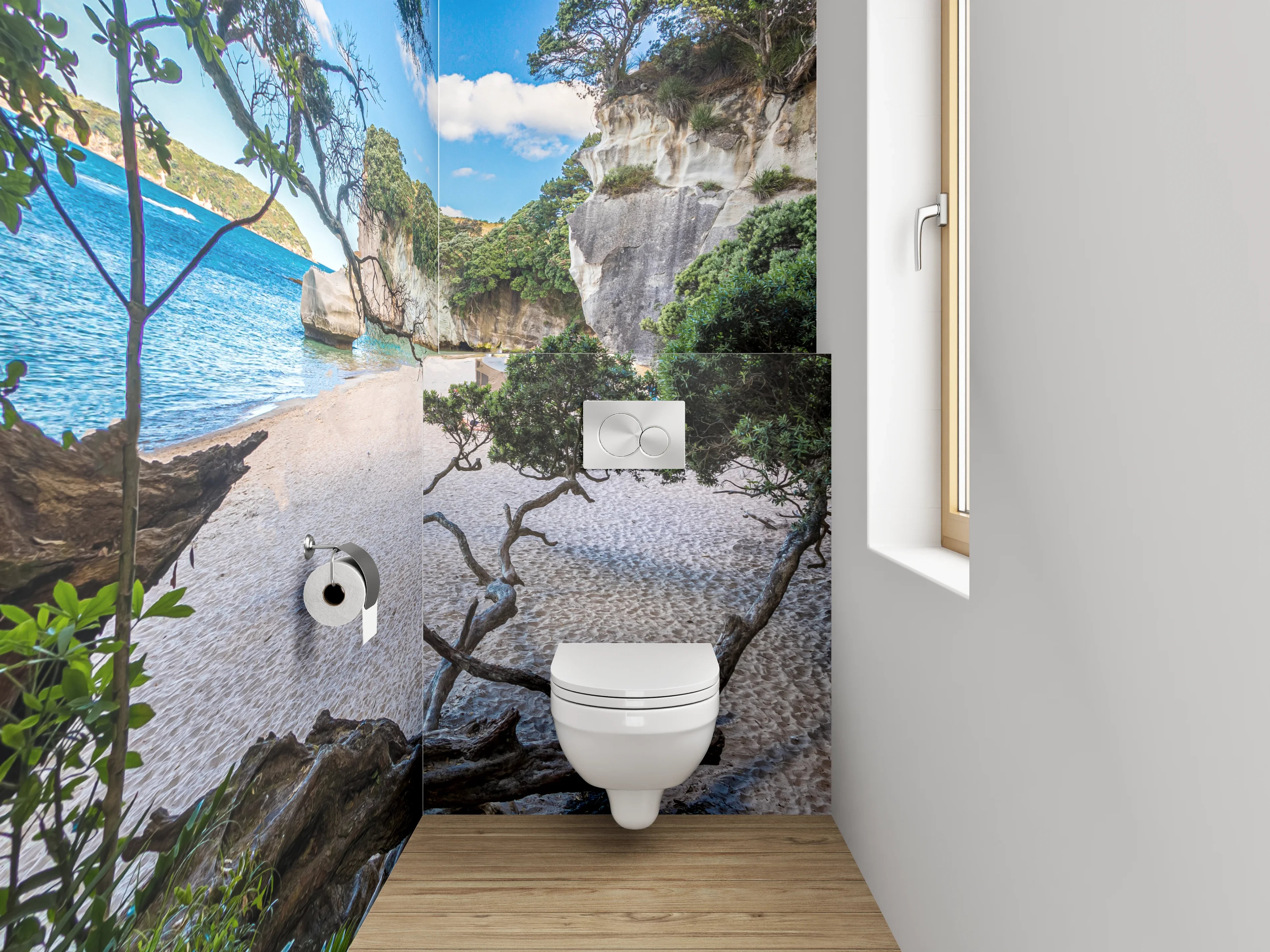 WC-Rückwand - Idyllischer Sandstrand mit Felsen und Bäumen