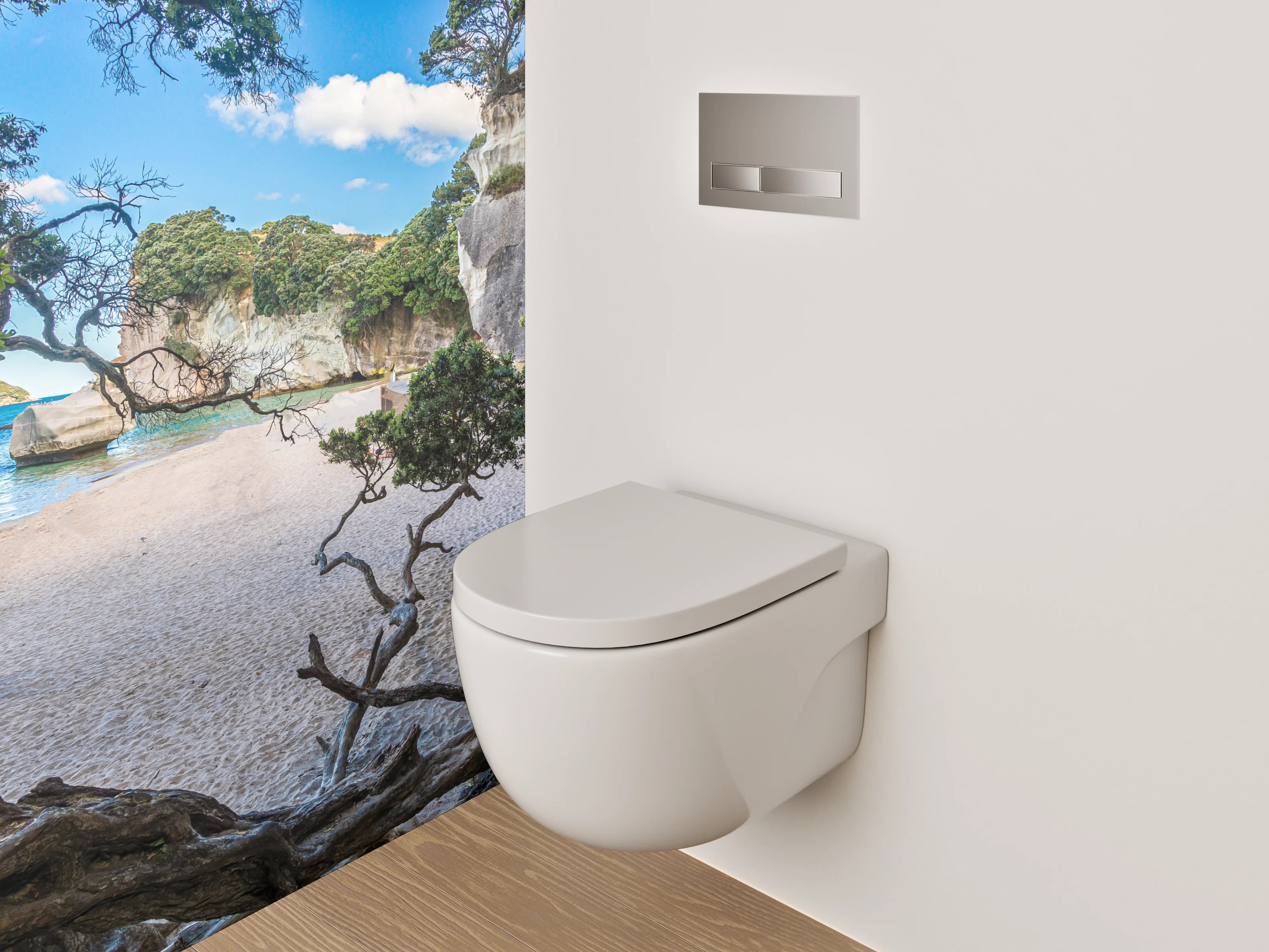 WC-Rückwand - Idyllischer Sandstrand mit Felsen und Bäumen