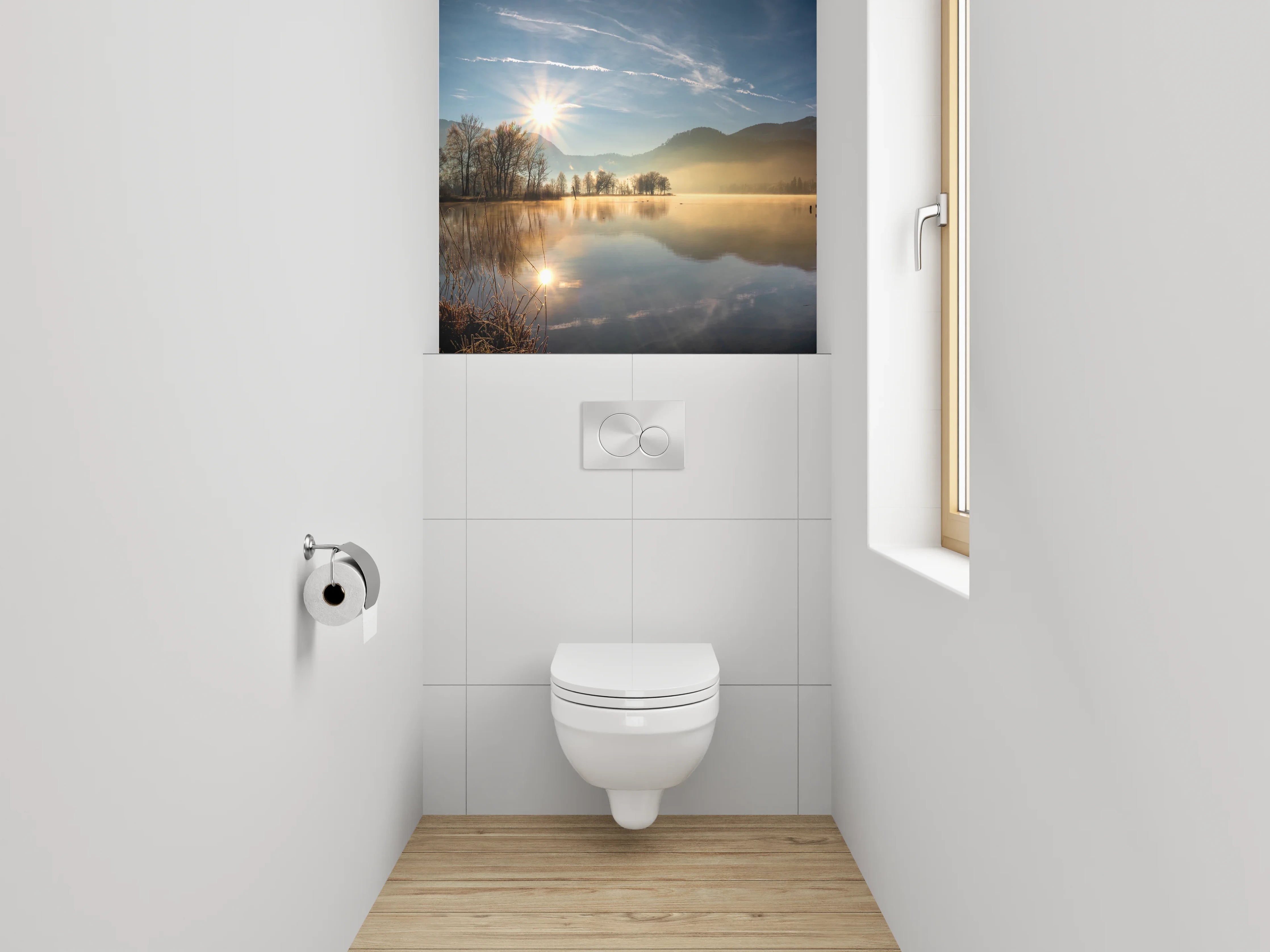 WC-Rückwand - Idyllischer See mit Holzhaus Panorama