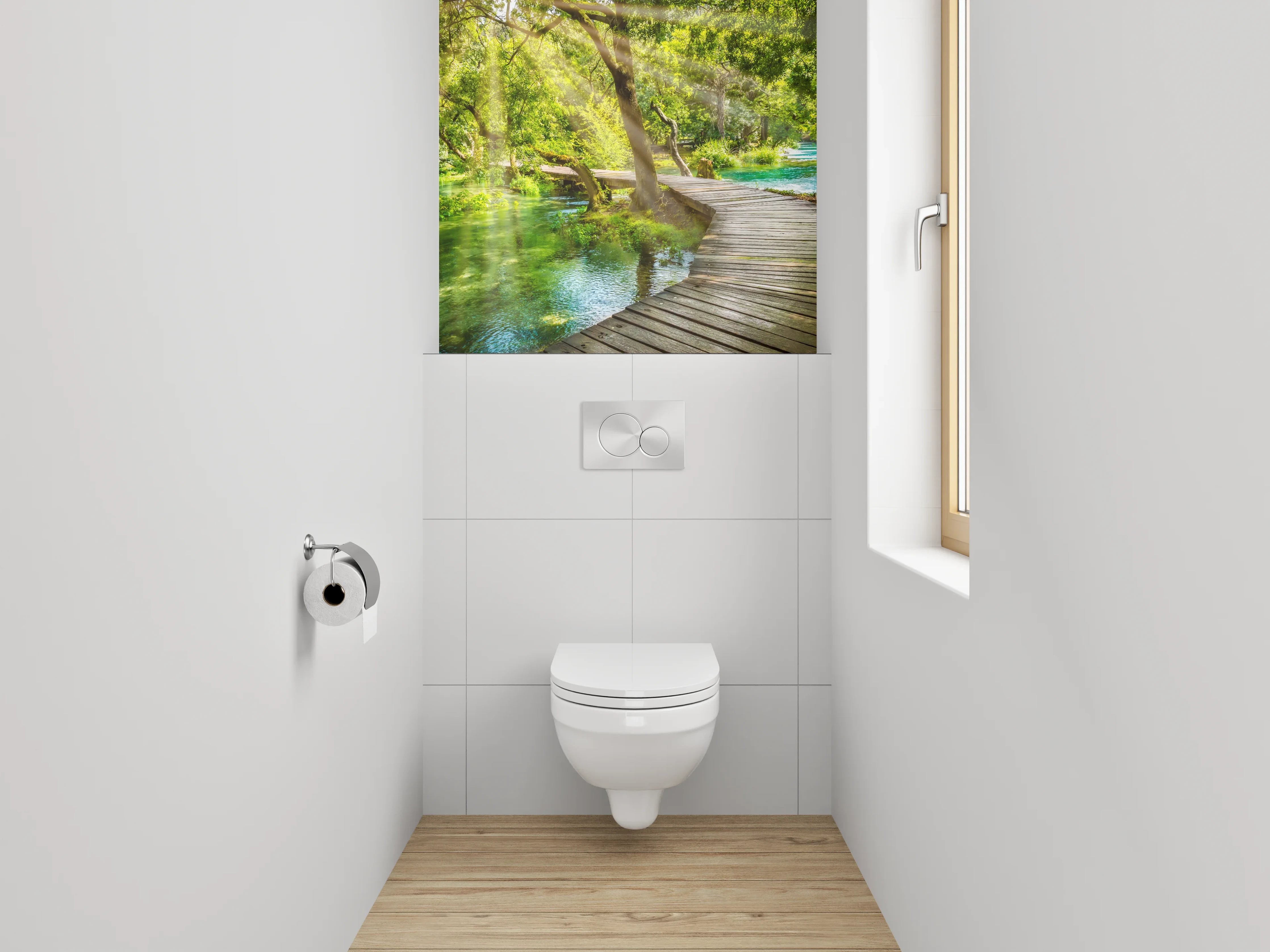 WC-Rückwand - Idyllischer Waldweg mit Sonnenstrahlen