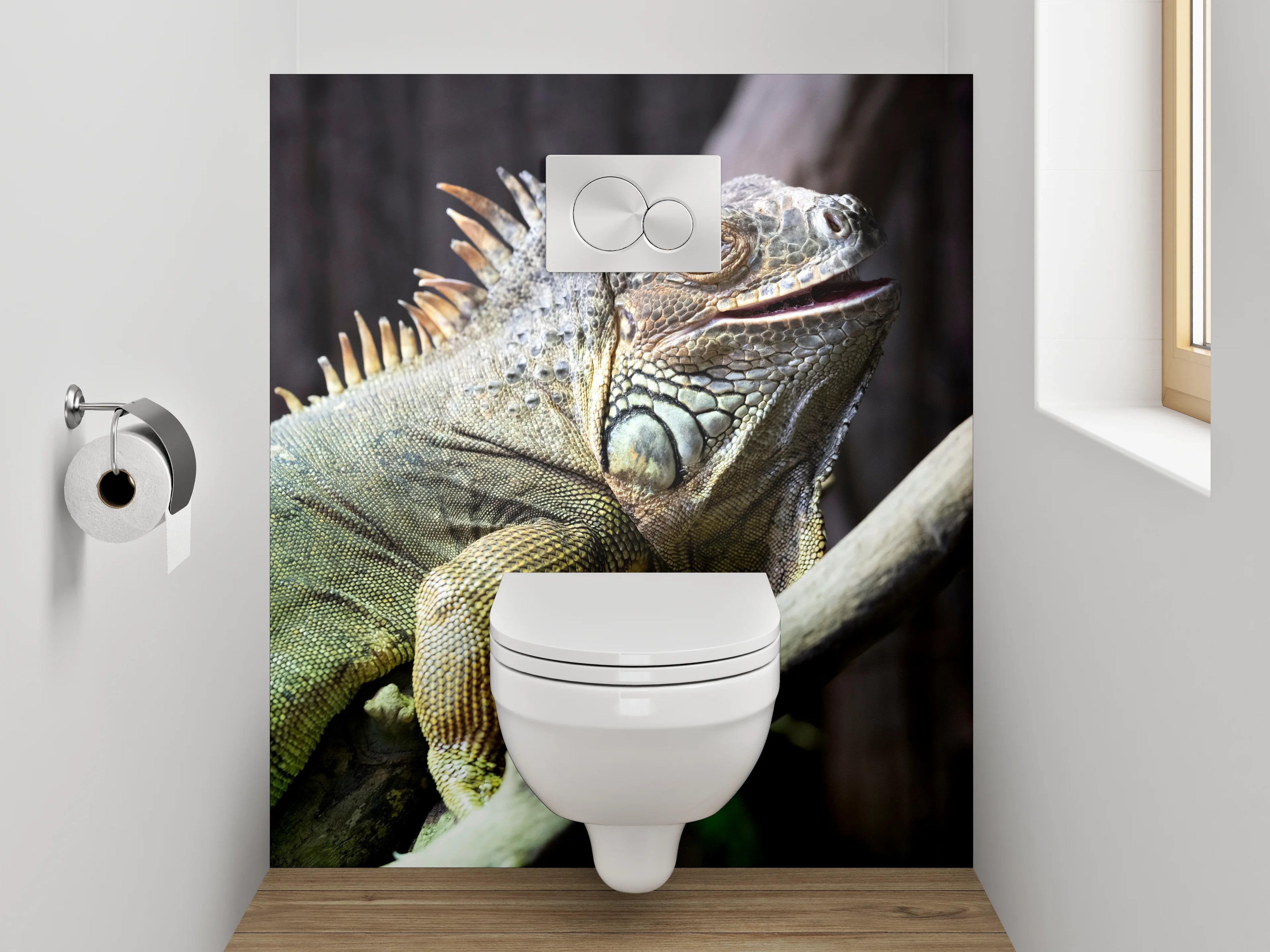 WC-Rückwand - Iguana auf Ast in Nahaufnahme
