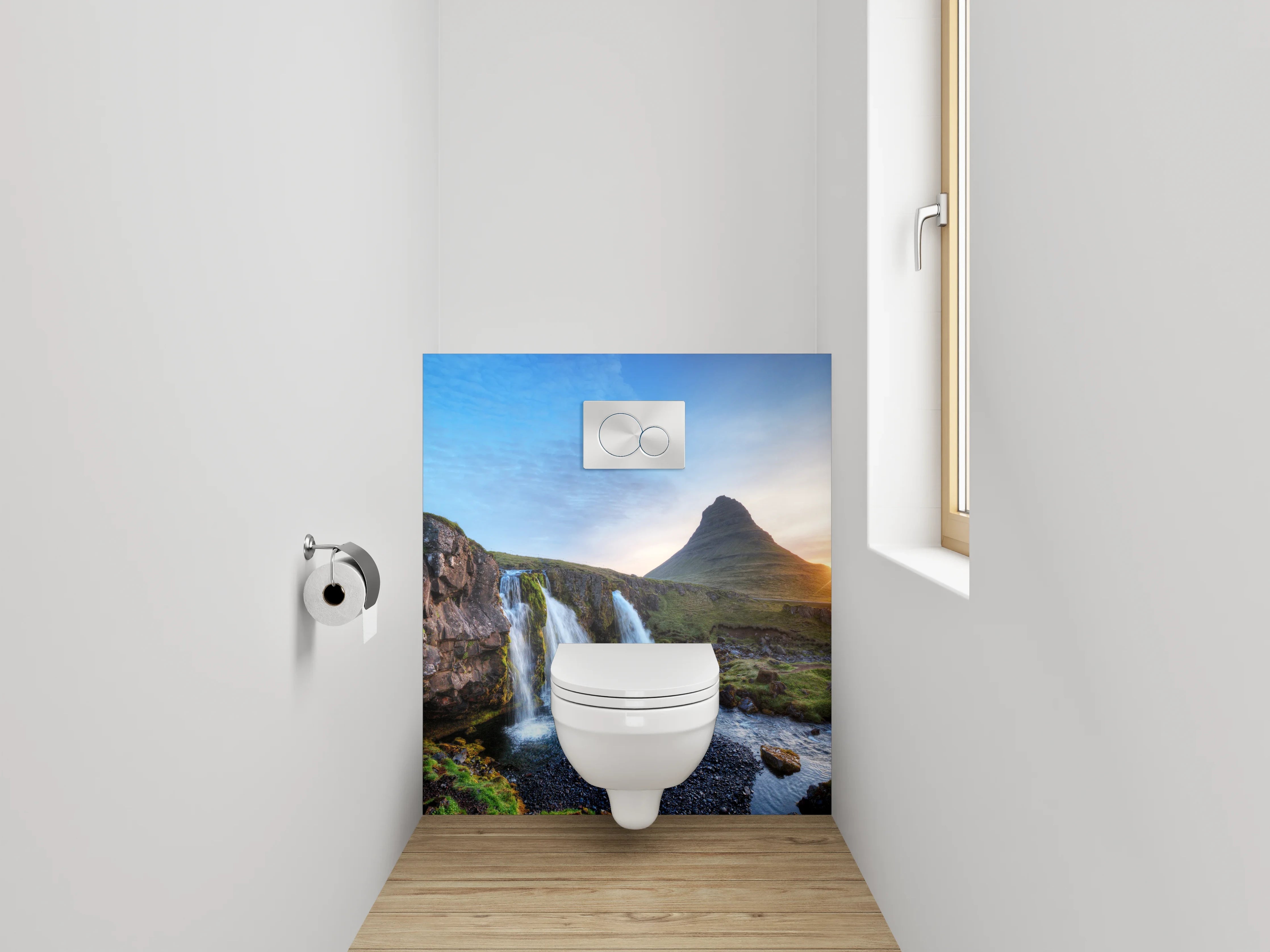 WC-Rückwand - Islandischer Wasserfall und Bergpanorama