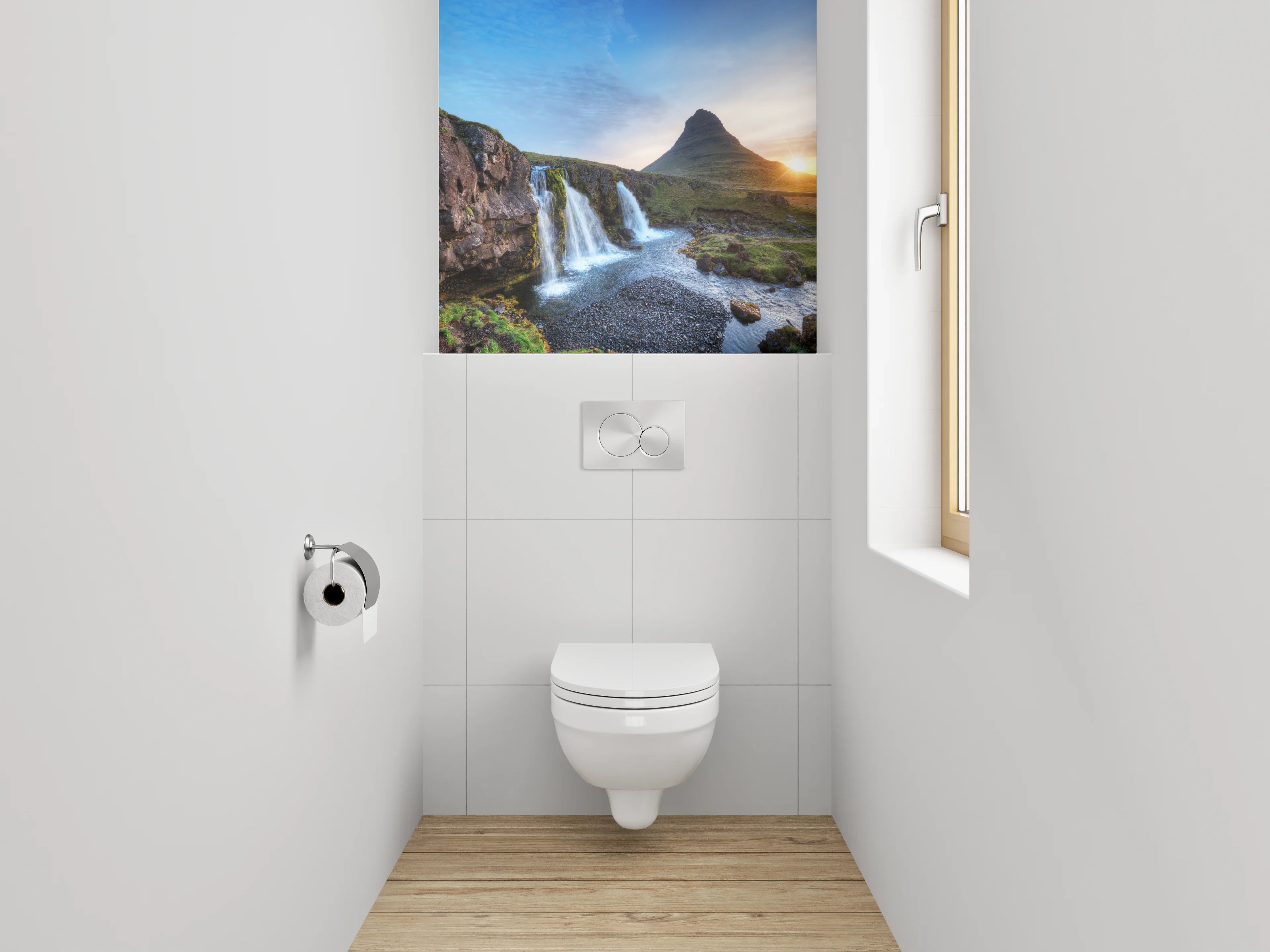 WC-Rückwand - Islandischer Wasserfall und Bergpanorama