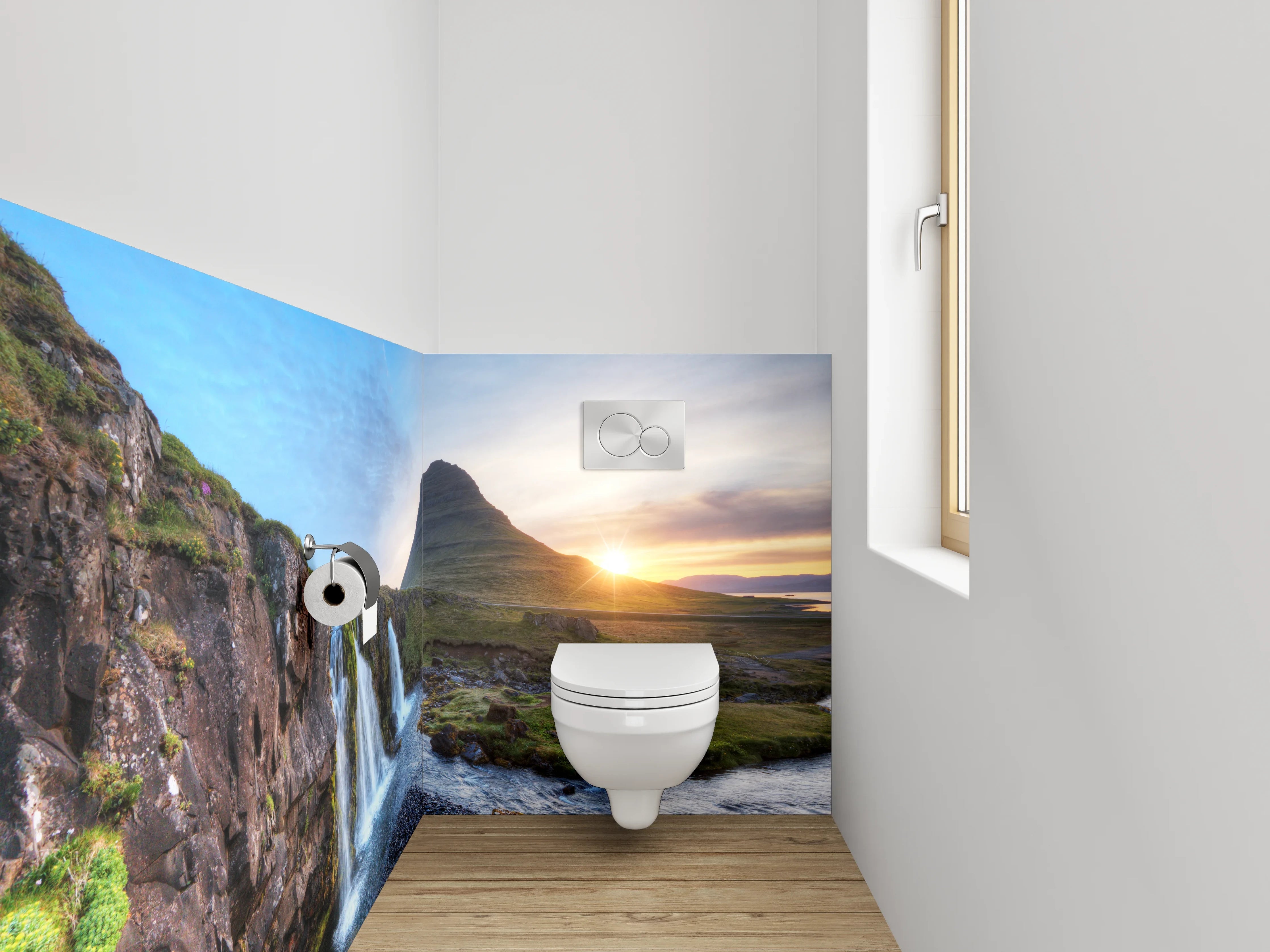 WC-Rückwand - Islandischer Wasserfall und Bergpanorama