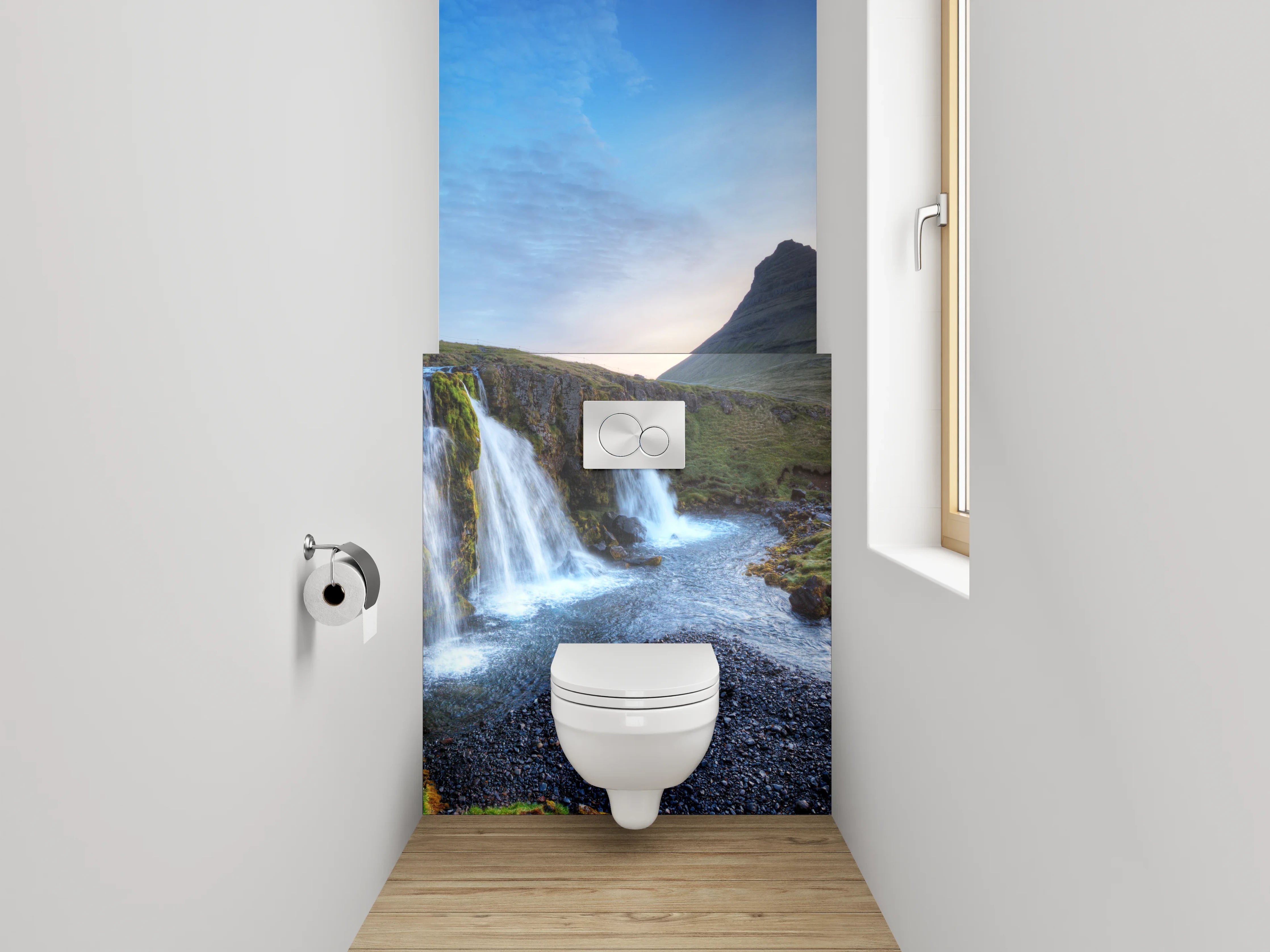 WC-Rückwand - Islandischer Wasserfall und Bergpanorama