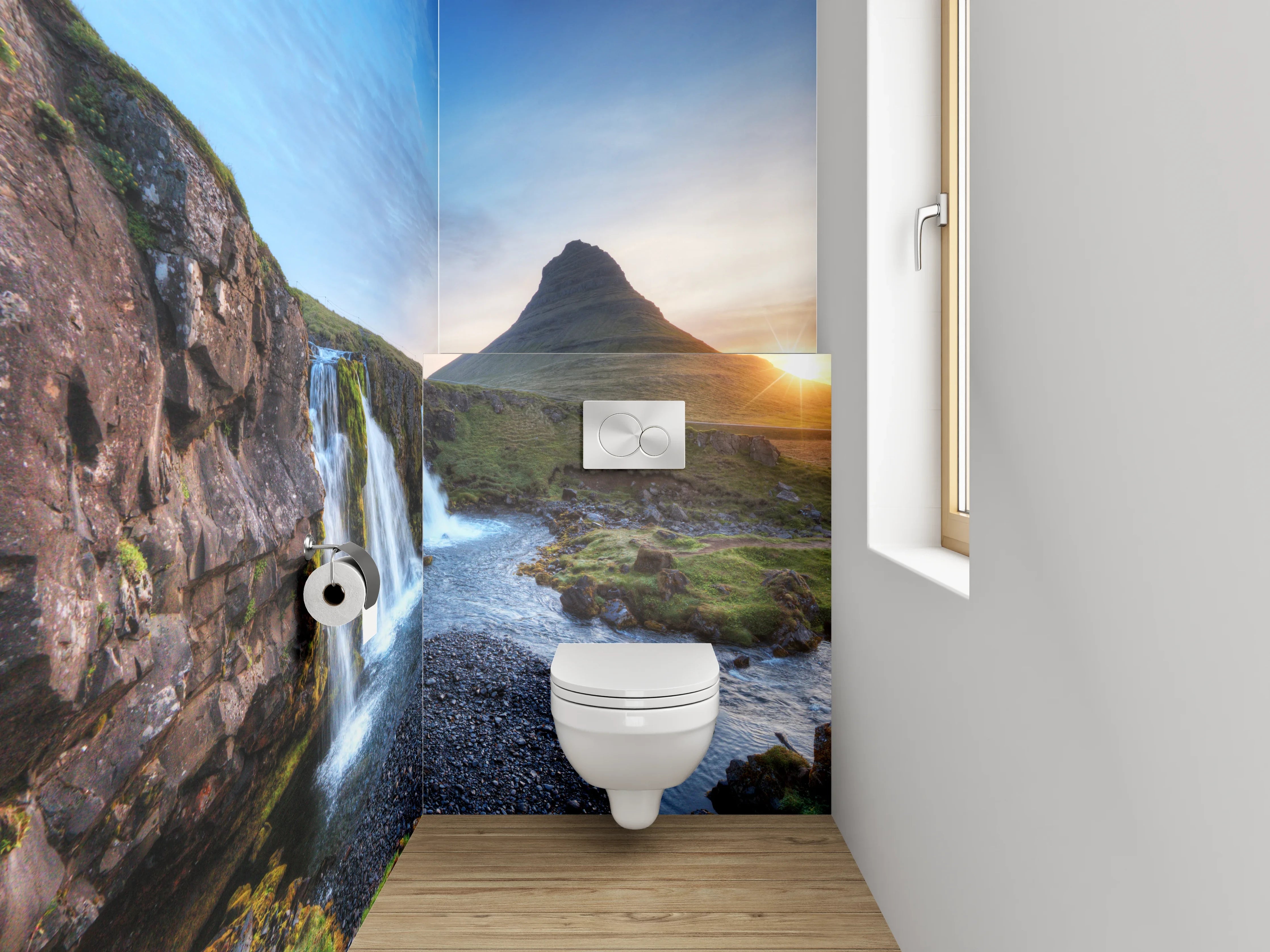 WC-Rückwand - Islandischer Wasserfall und Bergpanorama