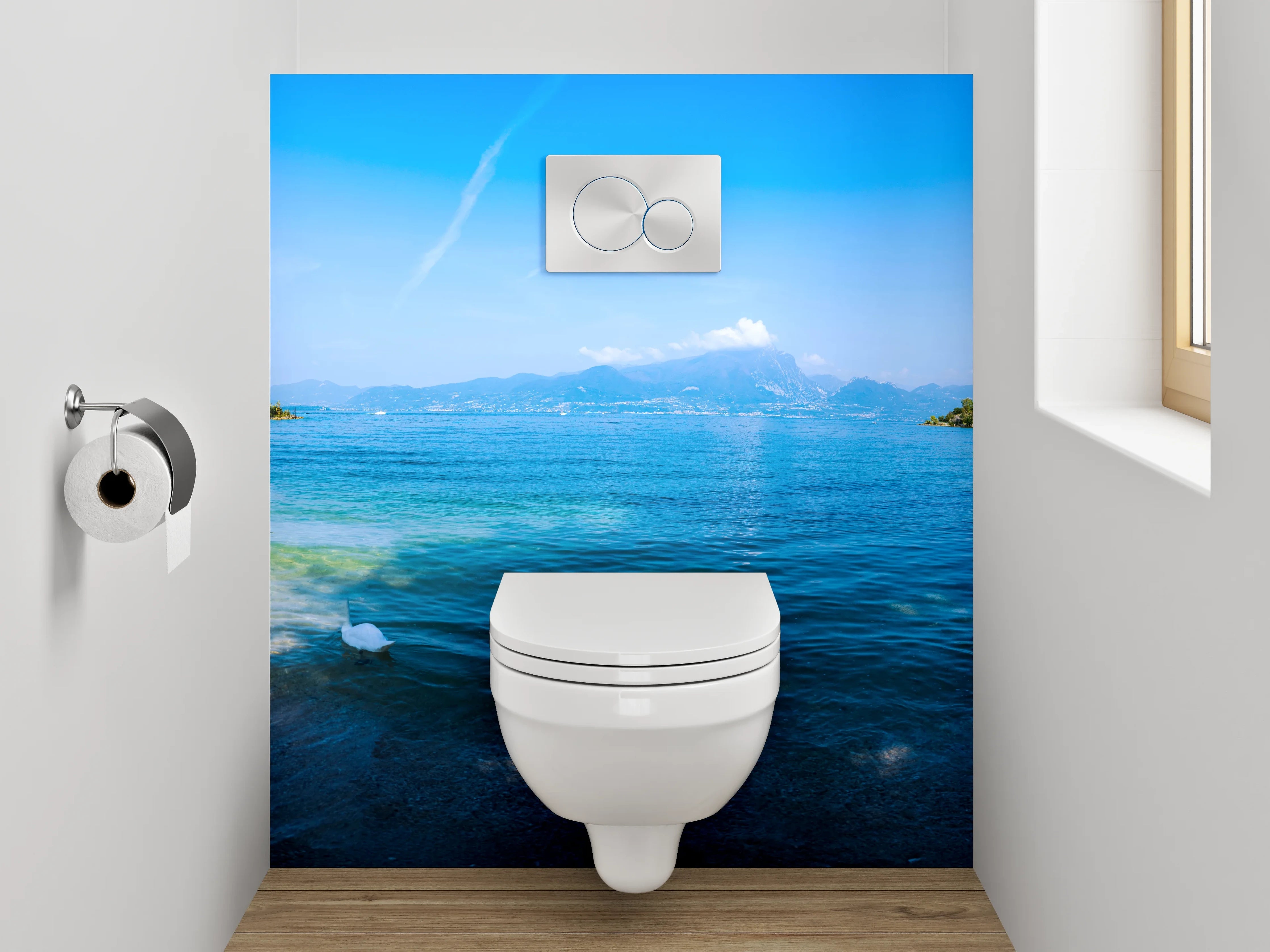 WC-Rückwand - Italienischer See mit Bergen und Zypressen