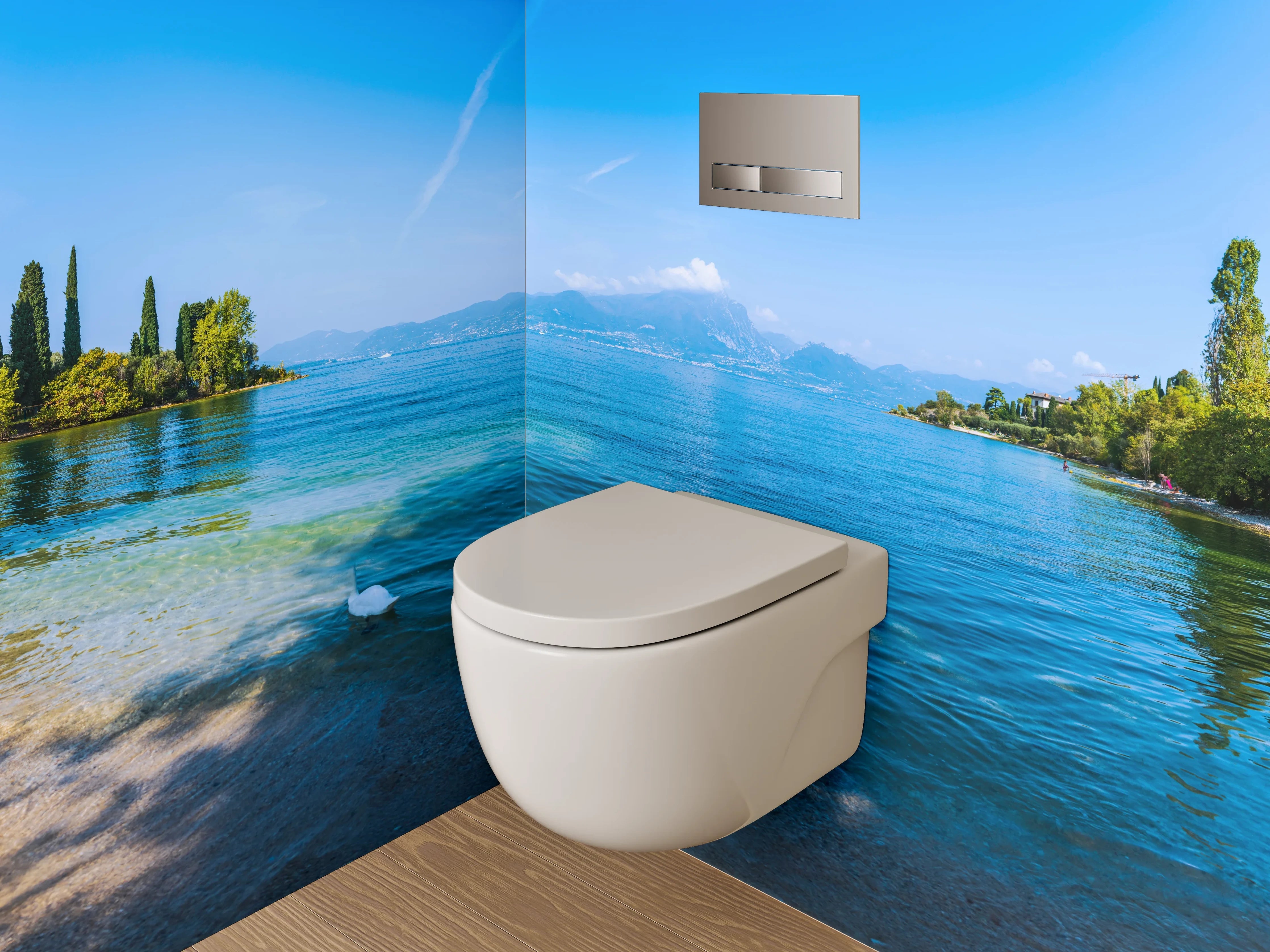 WC-Rückwand - Italienischer See mit Bergen und Zypressen