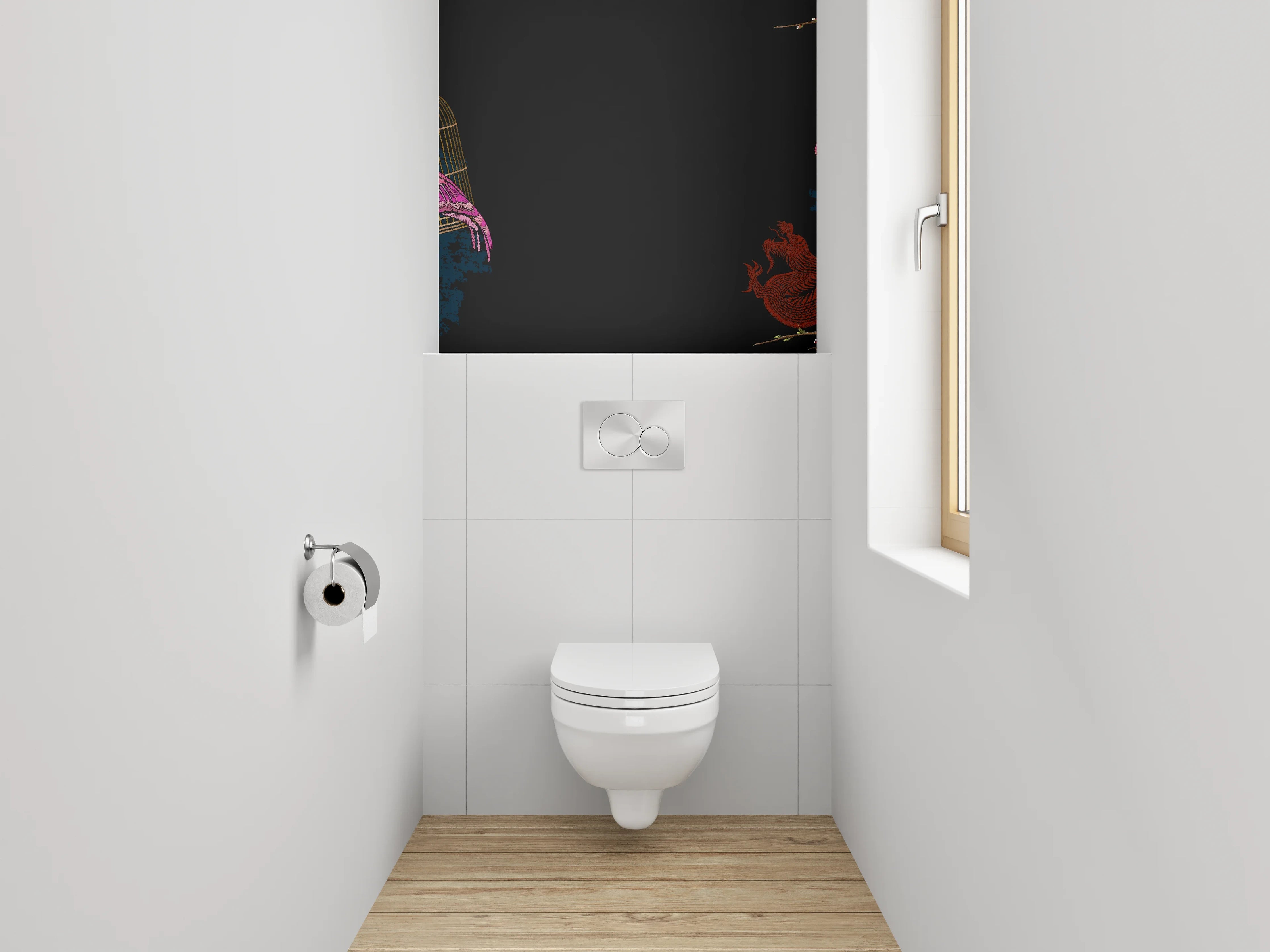 WC-Rückwand - Japanisch inspirierte Flamingos und Fächer
