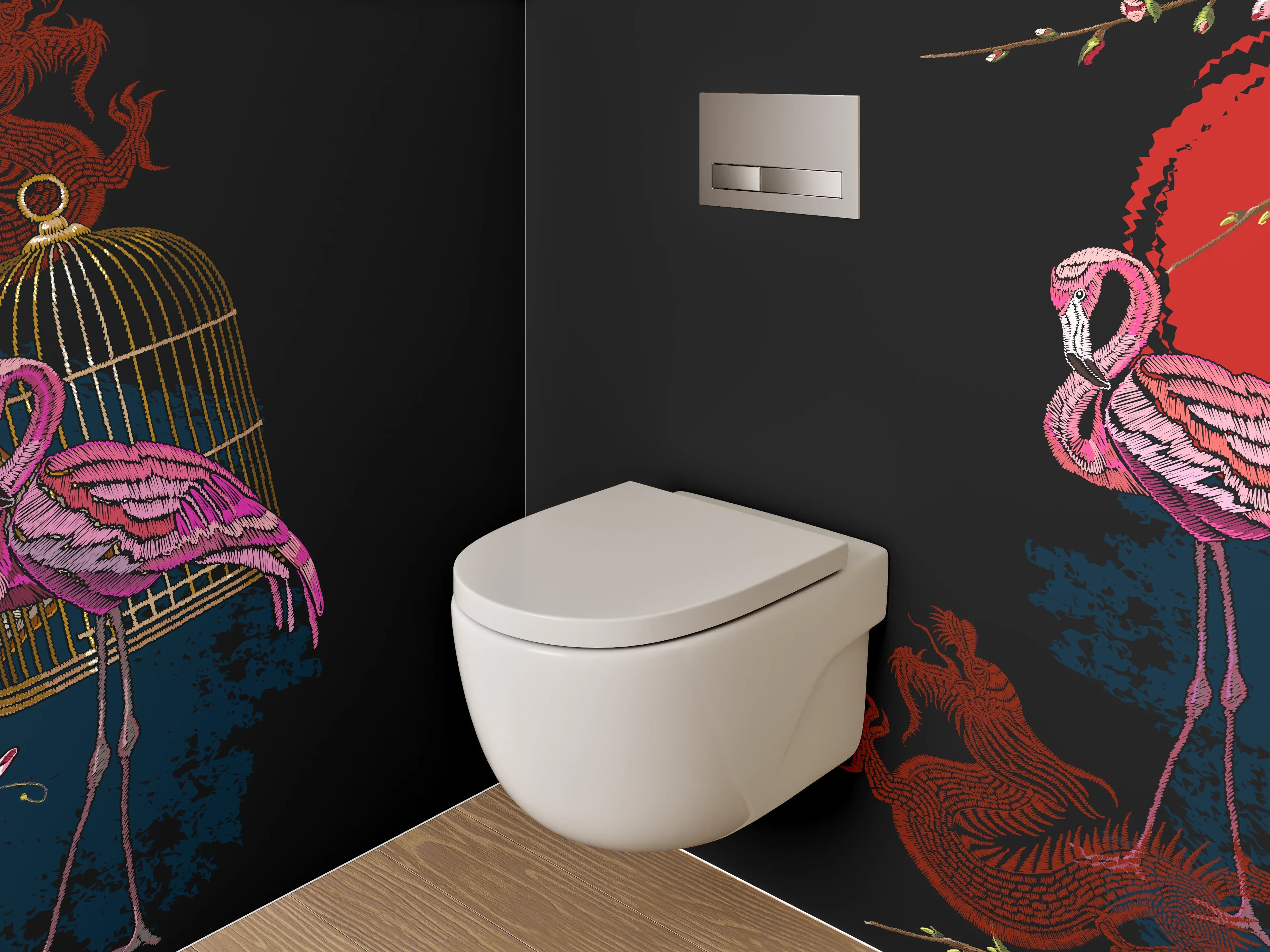 WC-Rückwand - Japanisch inspirierte Flamingos und Fächer