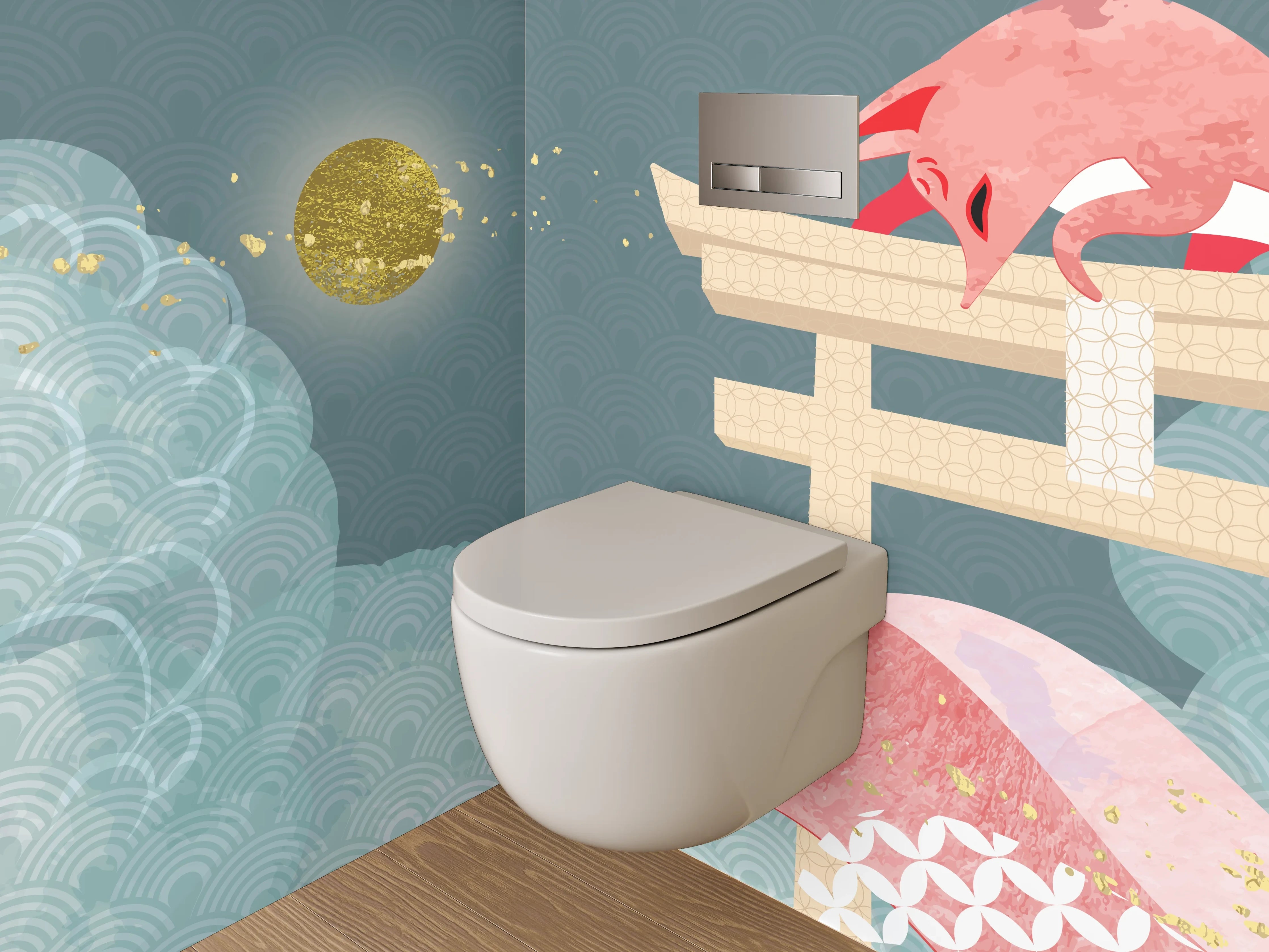 WC-Rückwand - Japanische Fuchs-Illustration Kunst